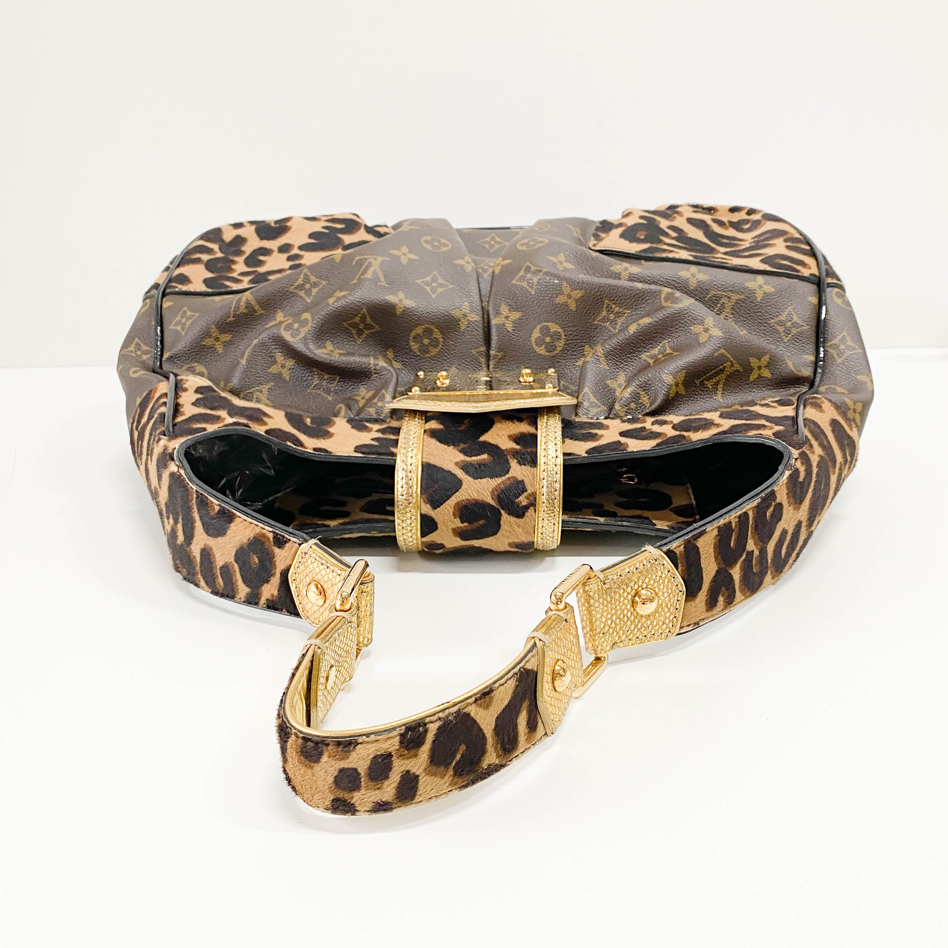 Polly Brown Monogram Pony Hair Leopard Print Shoulder Bag