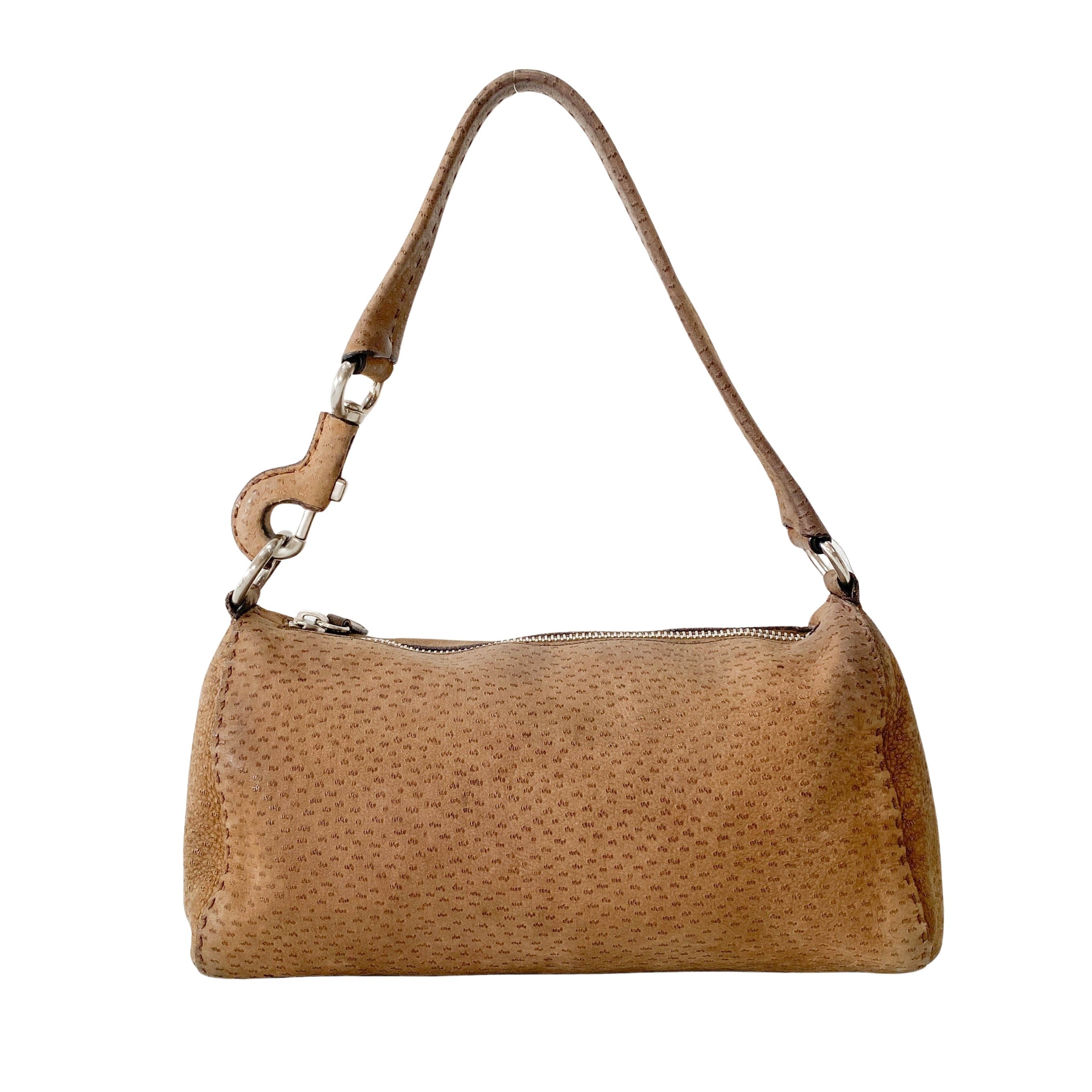 Brown Ostrich Embossed Leather Shoulder Bag