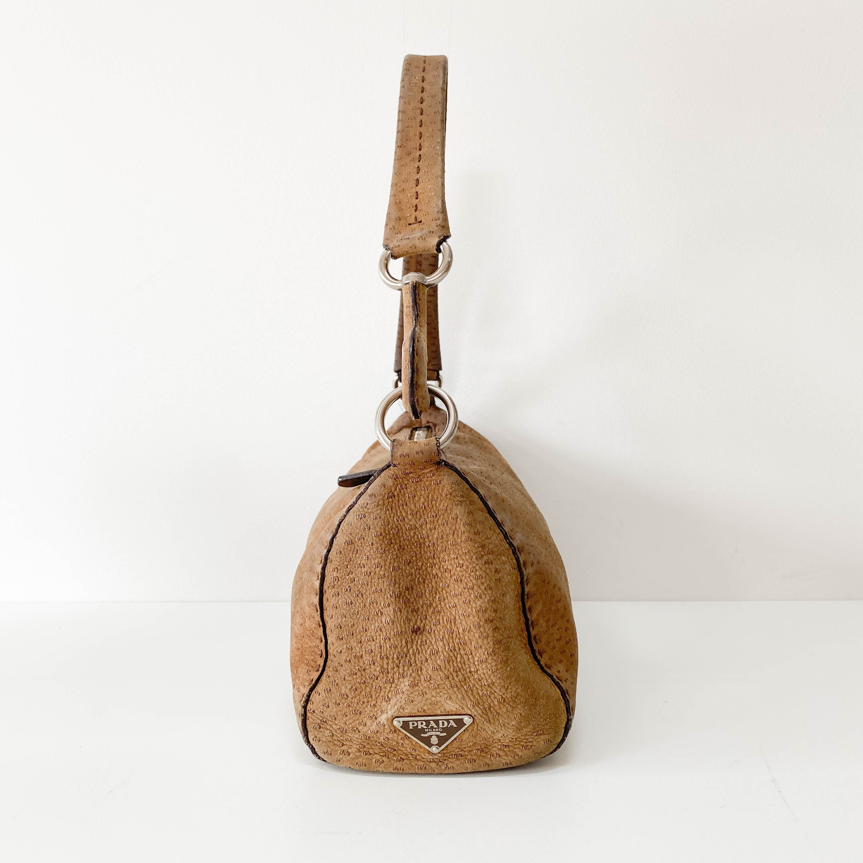 Brown Ostrich Embossed Leather Shoulder Bag