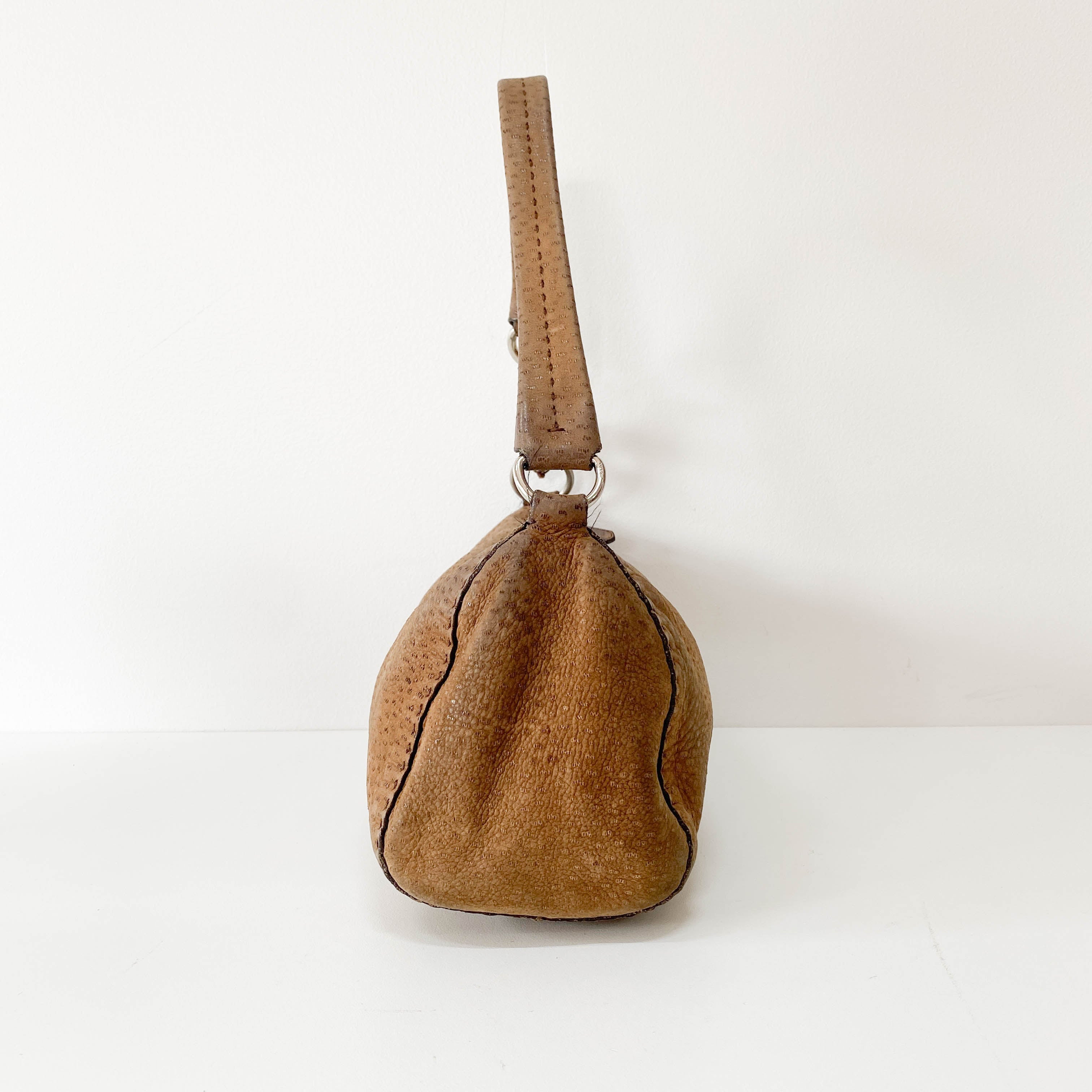 Brown Ostrich Embossed Leather Shoulder Bag