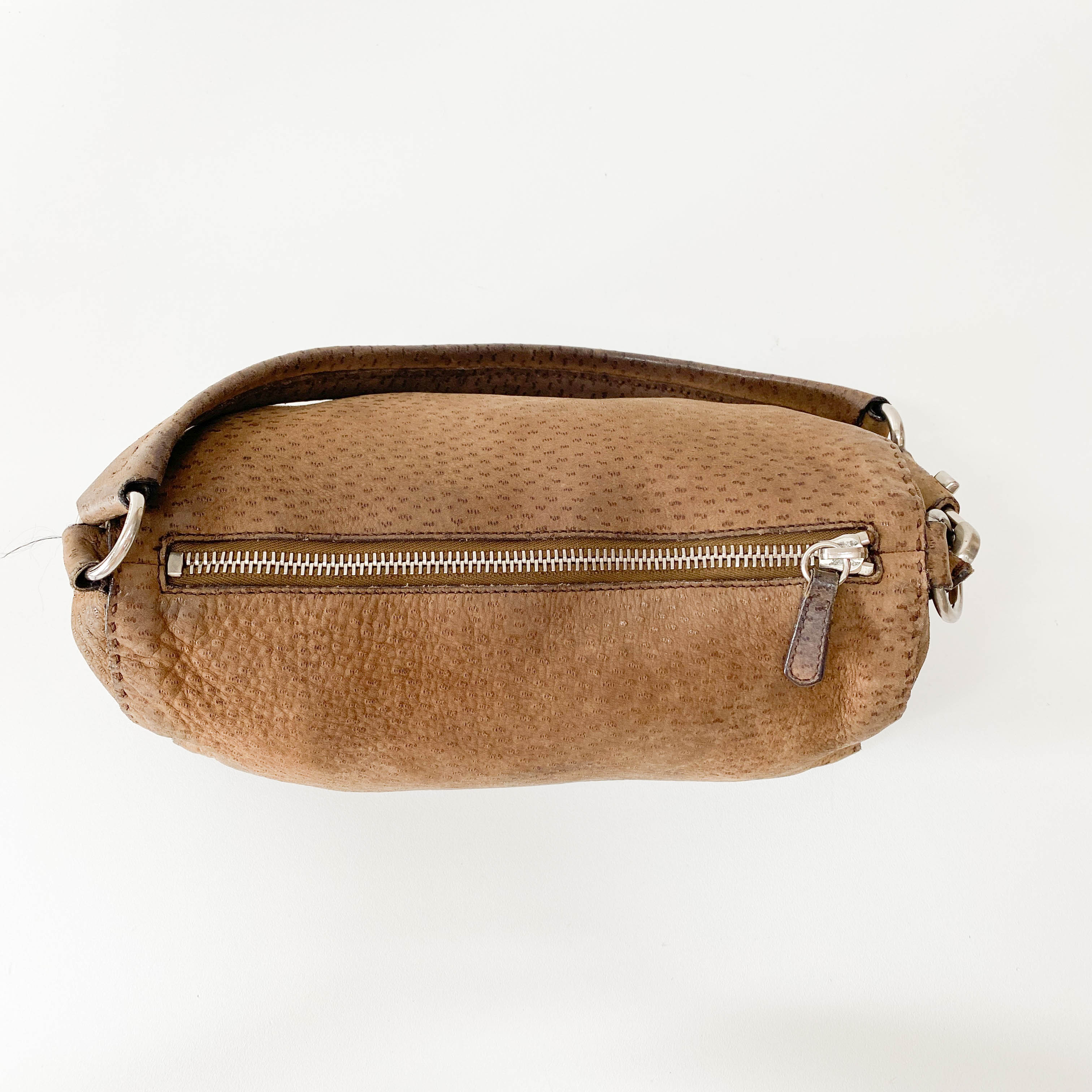 Brown Ostrich Embossed Leather Shoulder Bag