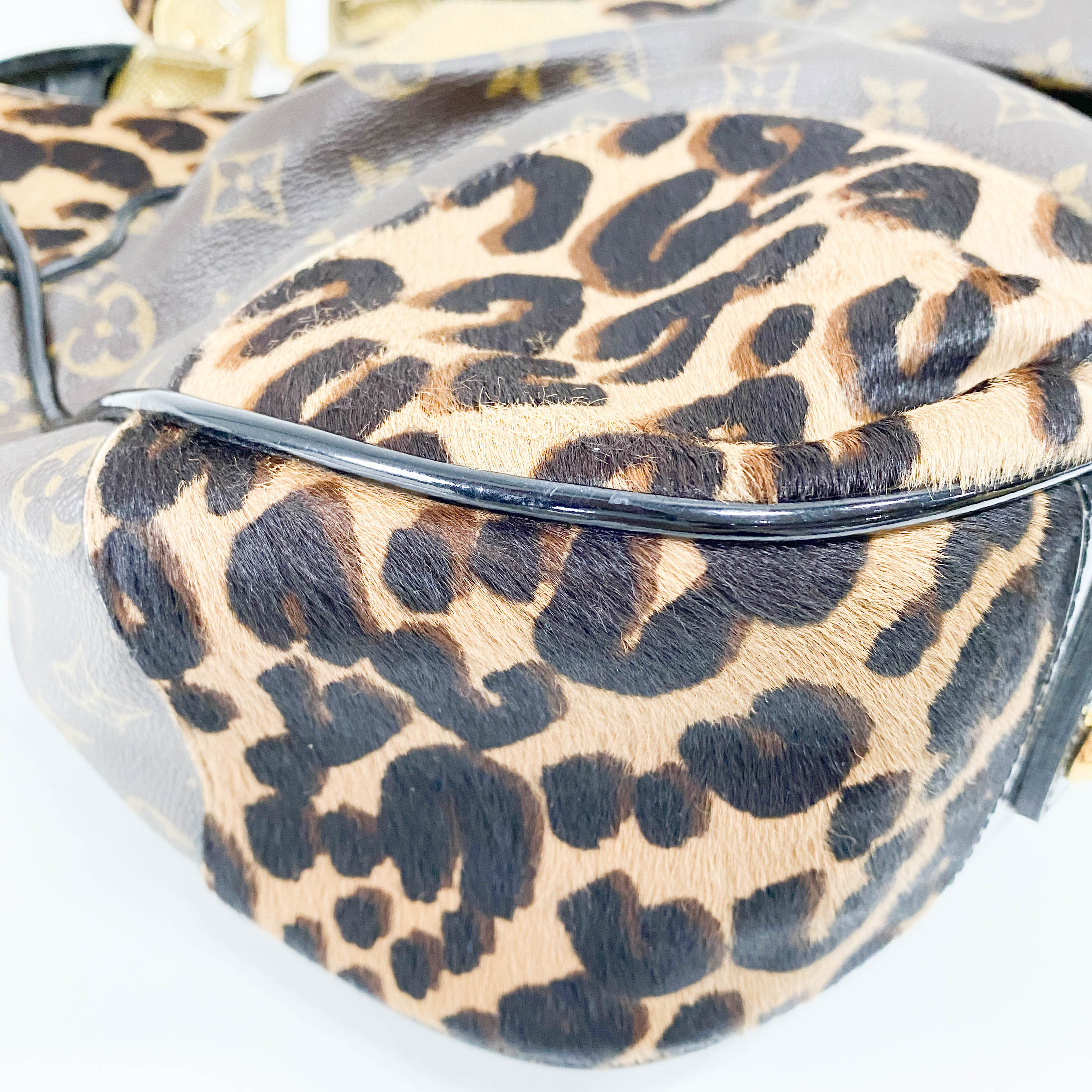 Polly Brown Monogram Pony Hair Leopard Print Shoulder Bag