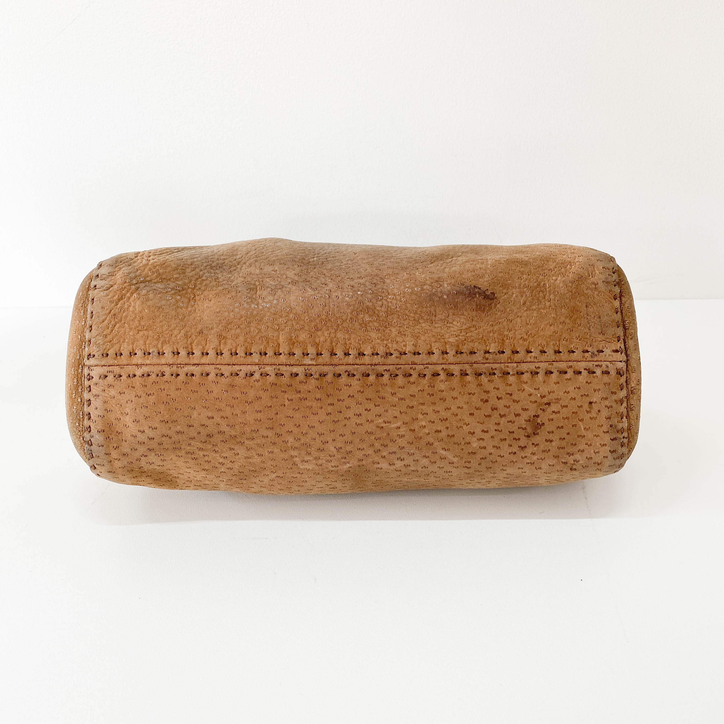 Brown Ostrich Embossed Leather Shoulder Bag