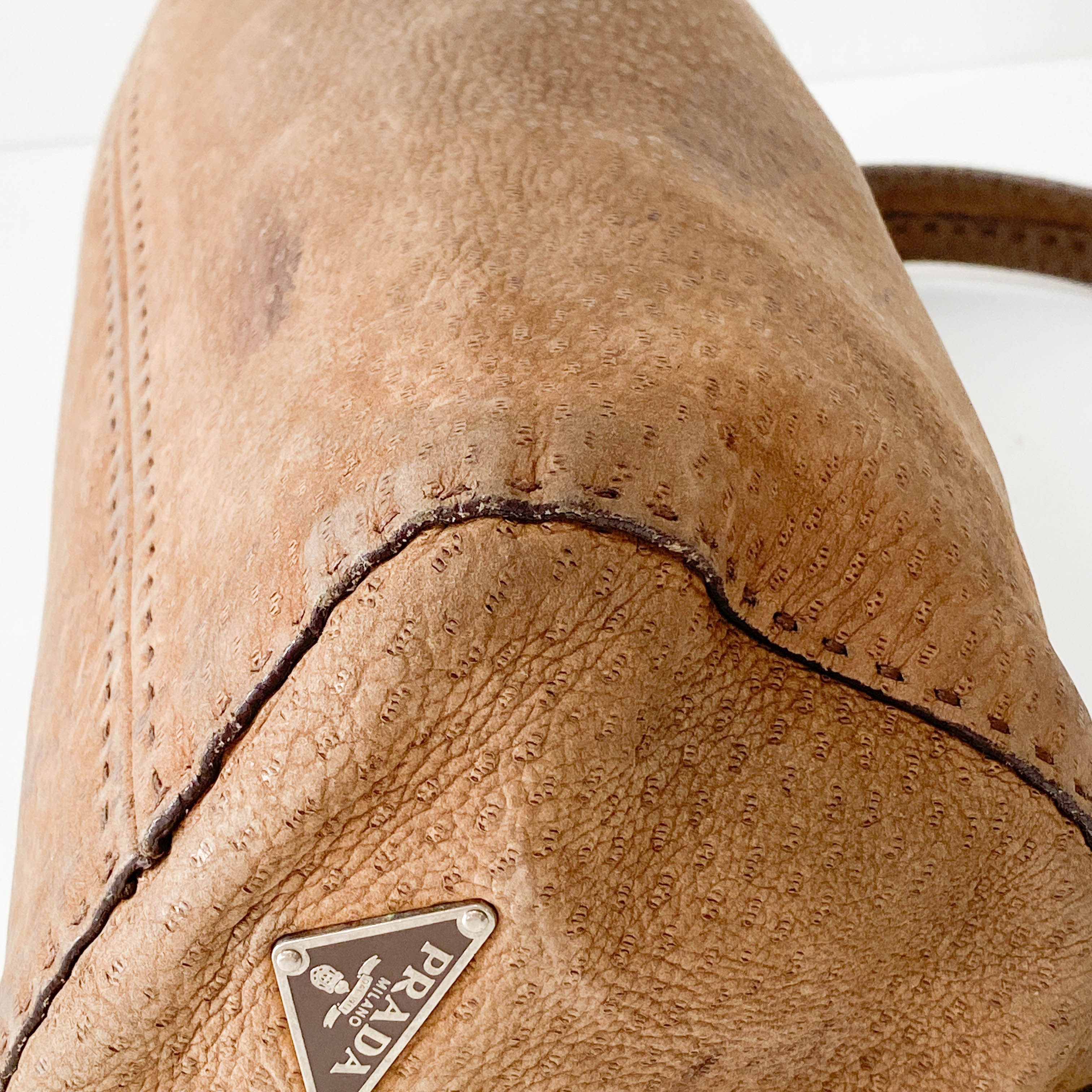 Brown Ostrich Embossed Leather Shoulder Bag