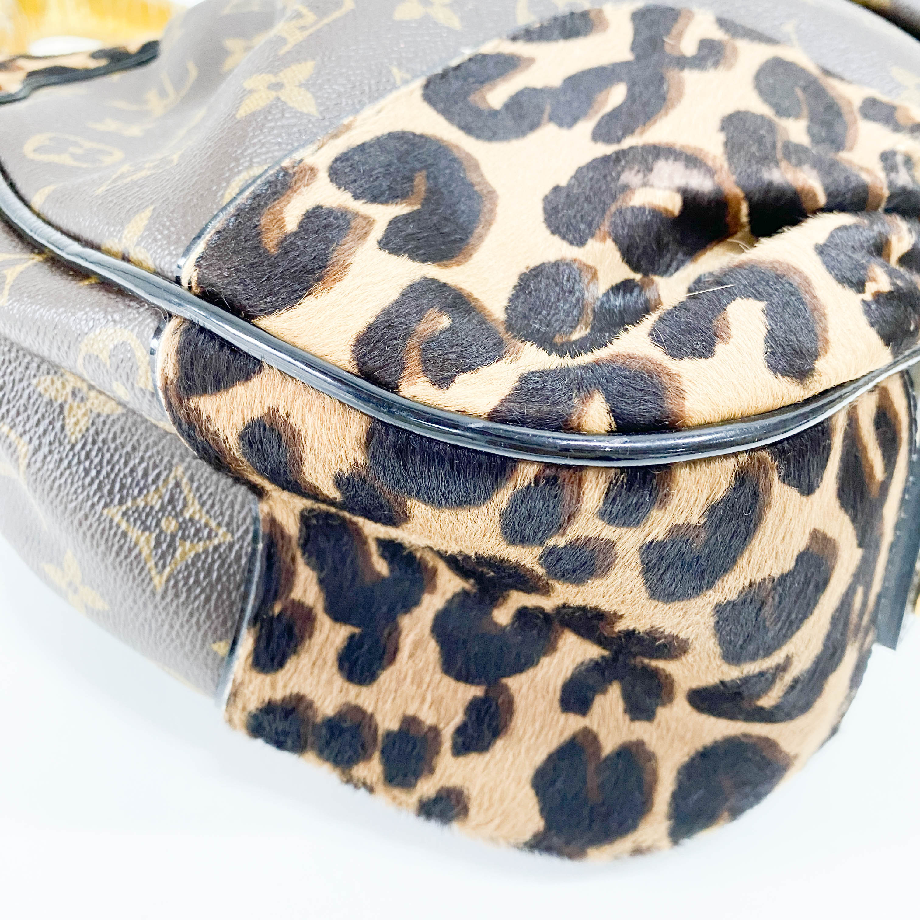Polly Brown Monogram Pony Hair Leopard Print Shoulder Bag