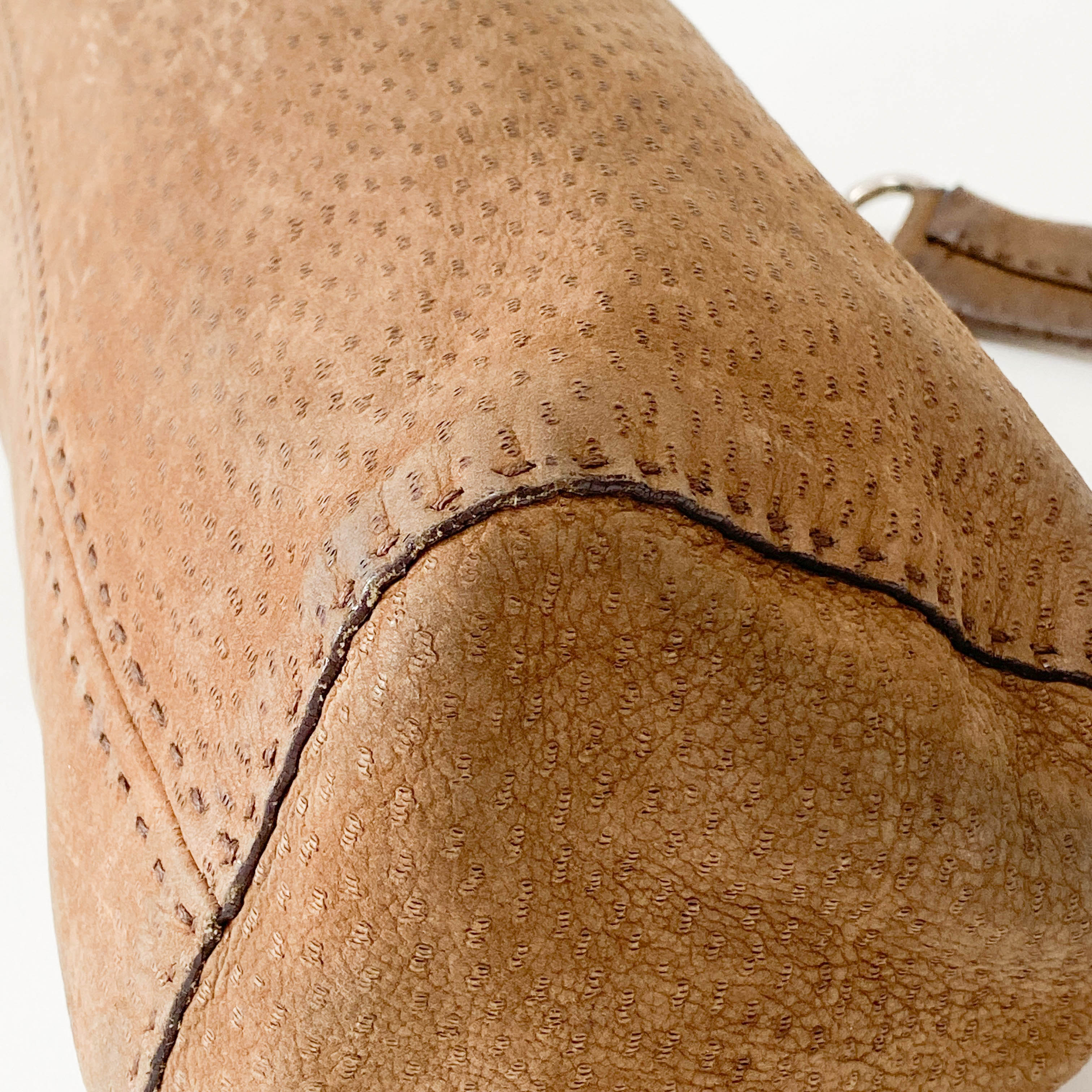 Brown Ostrich Embossed Leather Shoulder Bag