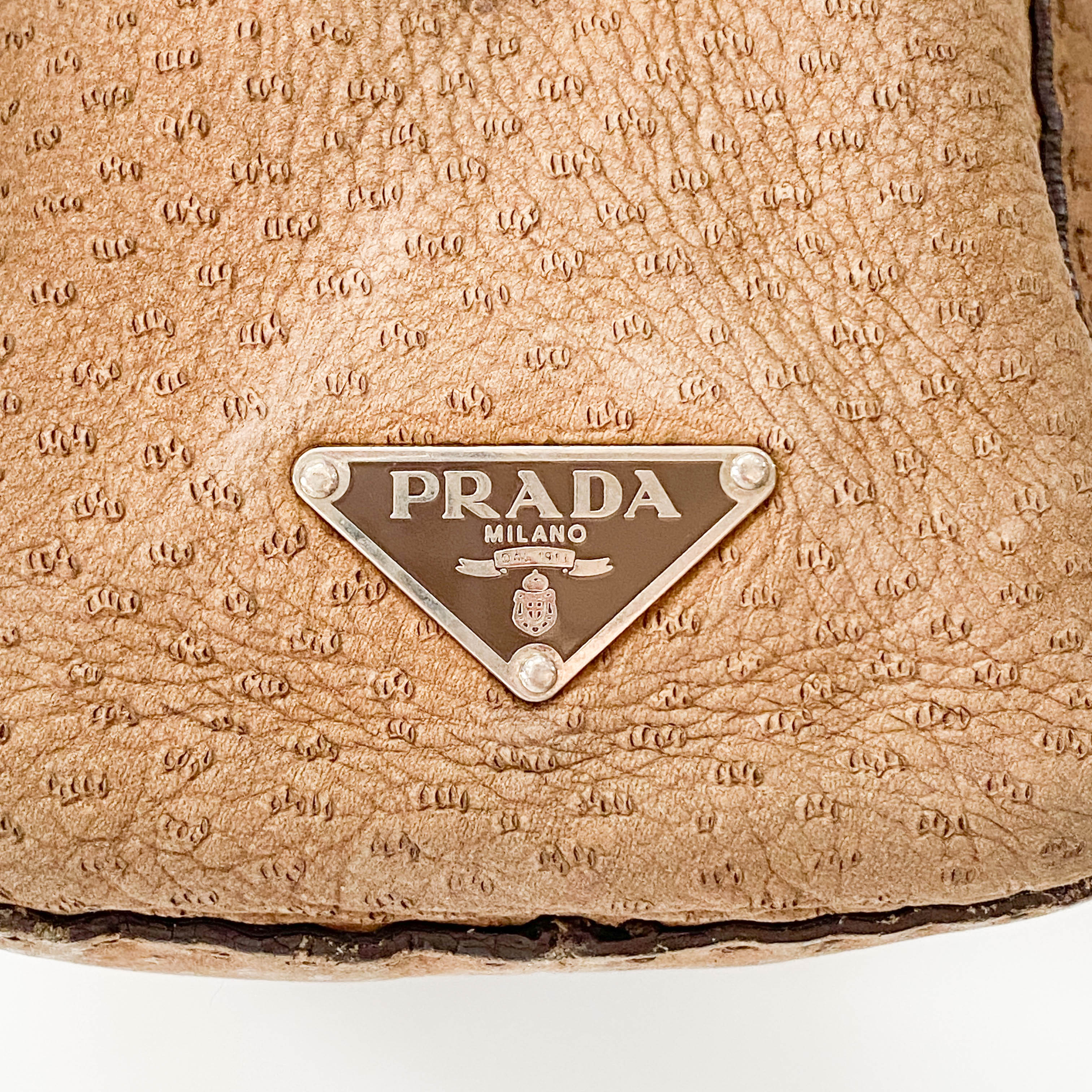 Brown Ostrich Embossed Leather Shoulder Bag