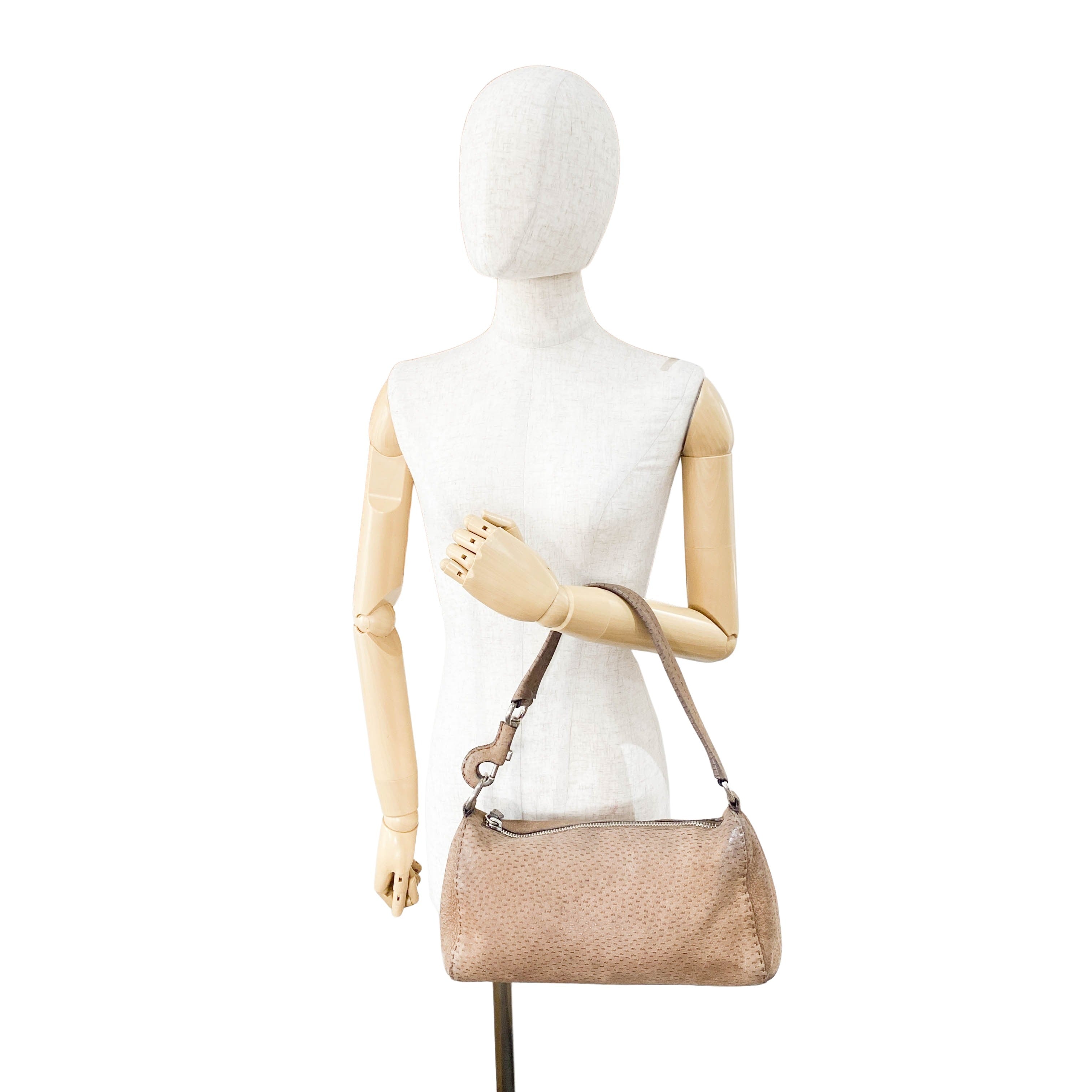 Brown Ostrich Embossed Leather Shoulder Bag