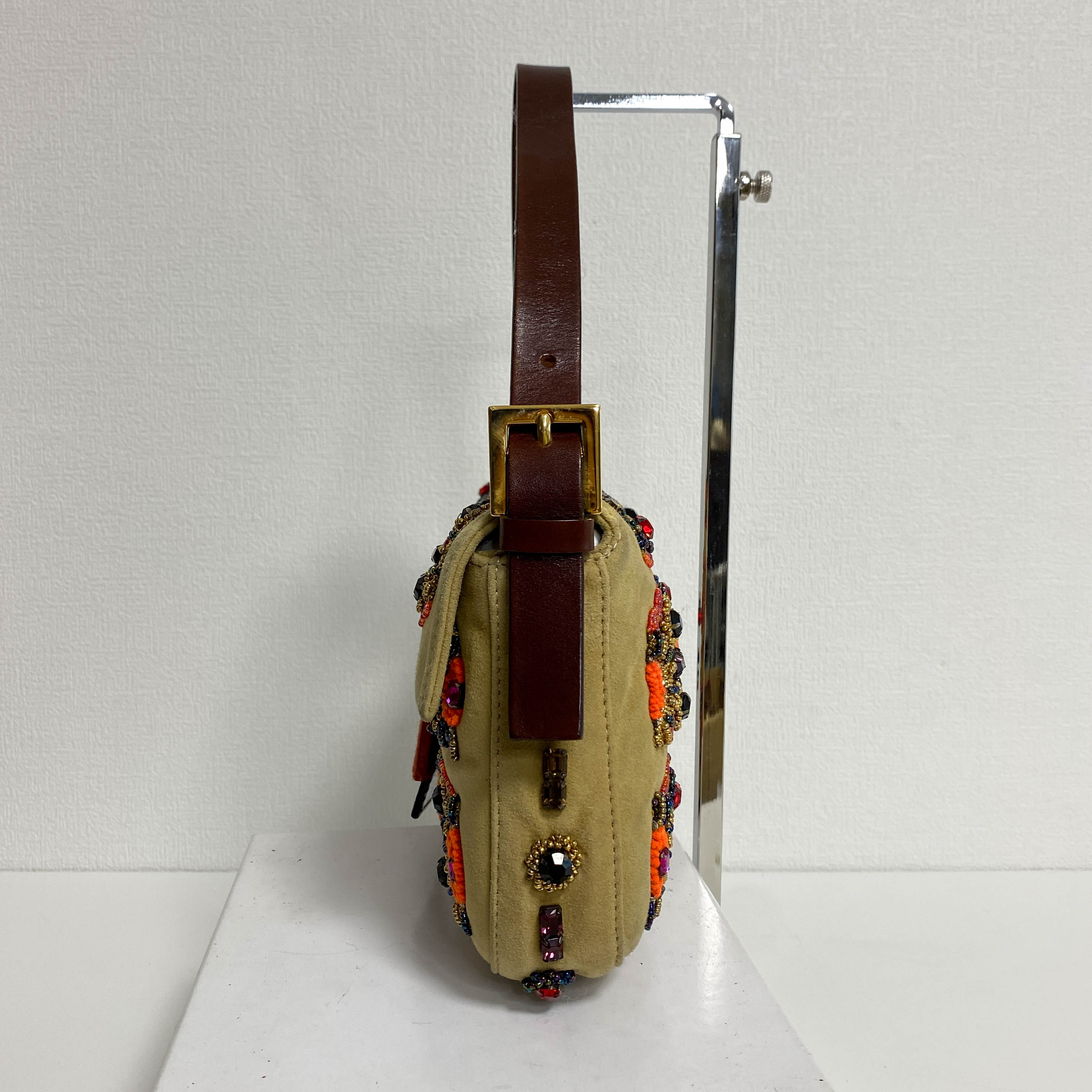 Baguette Brown Suede Beaded Shoulder Bag