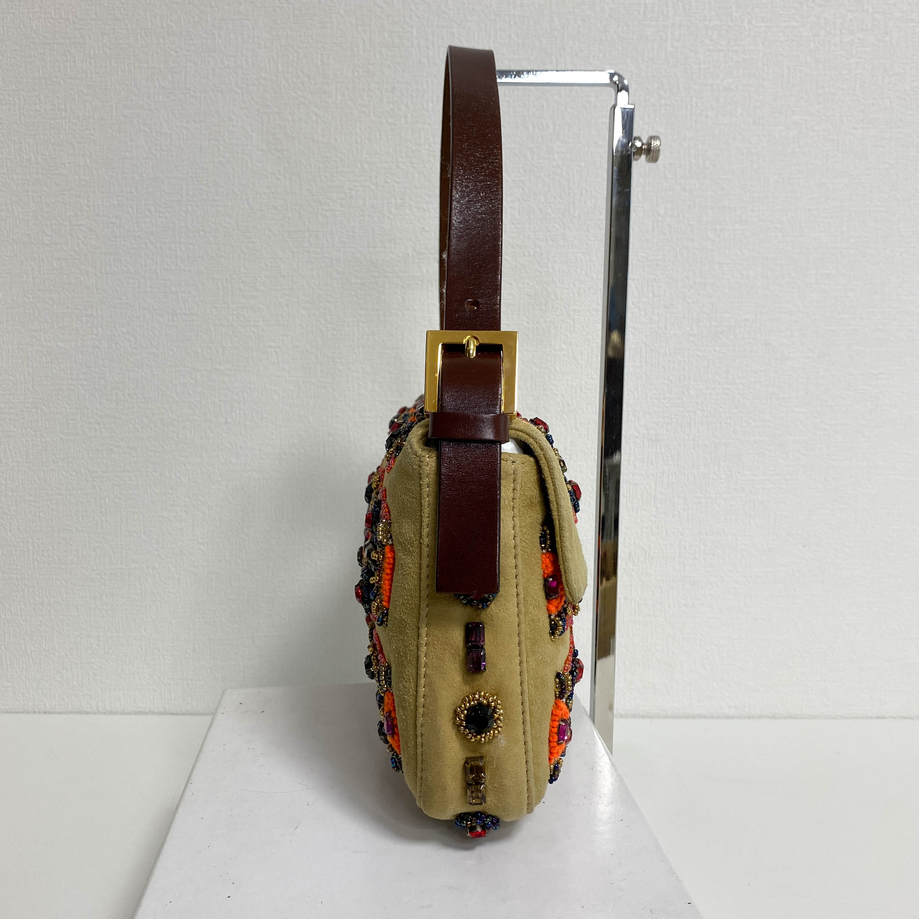 Baguette Brown Suede Beaded Shoulder Bag