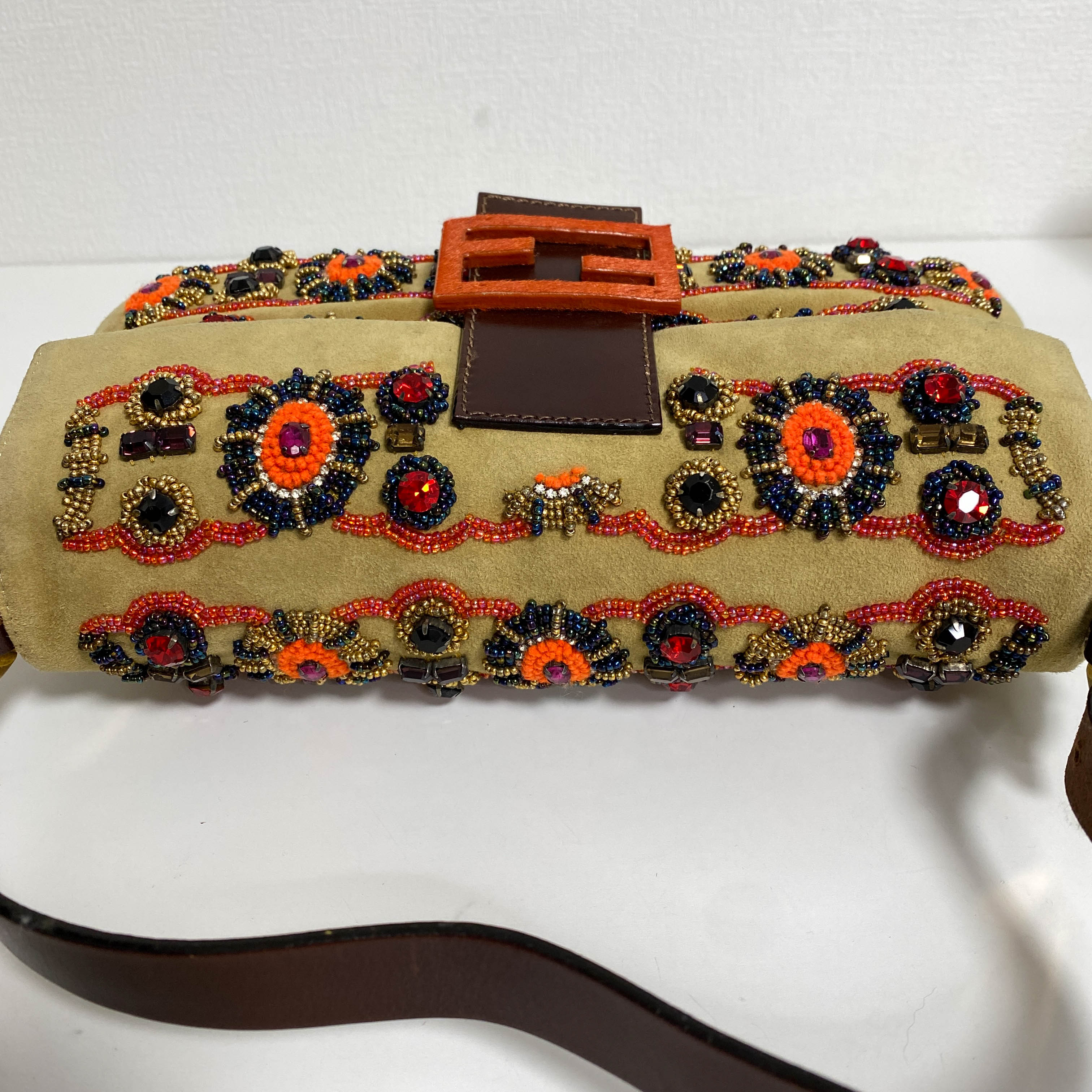 Baguette Brown Suede Beaded Shoulder Bag