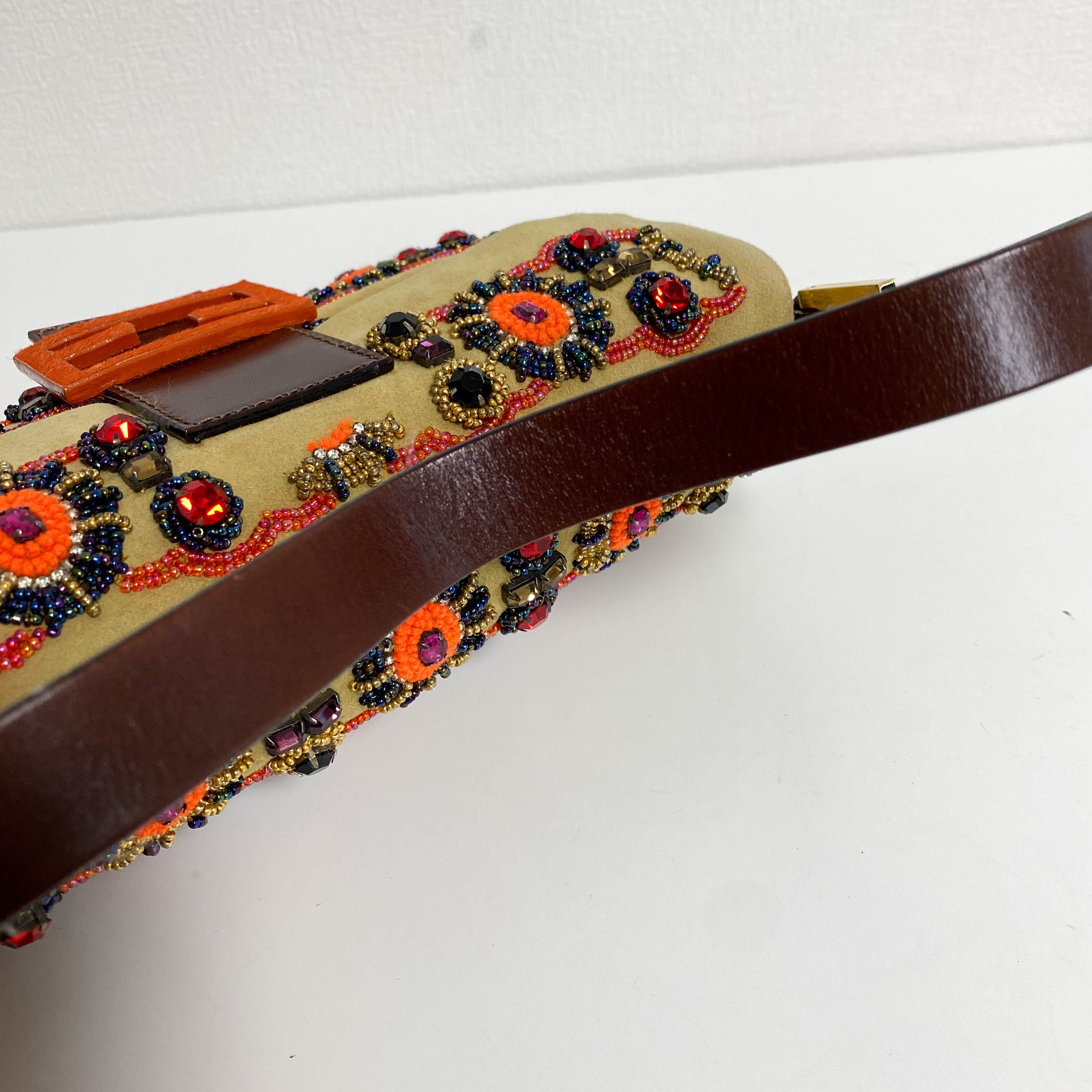 Baguette Brown Suede Beaded Shoulder Bag