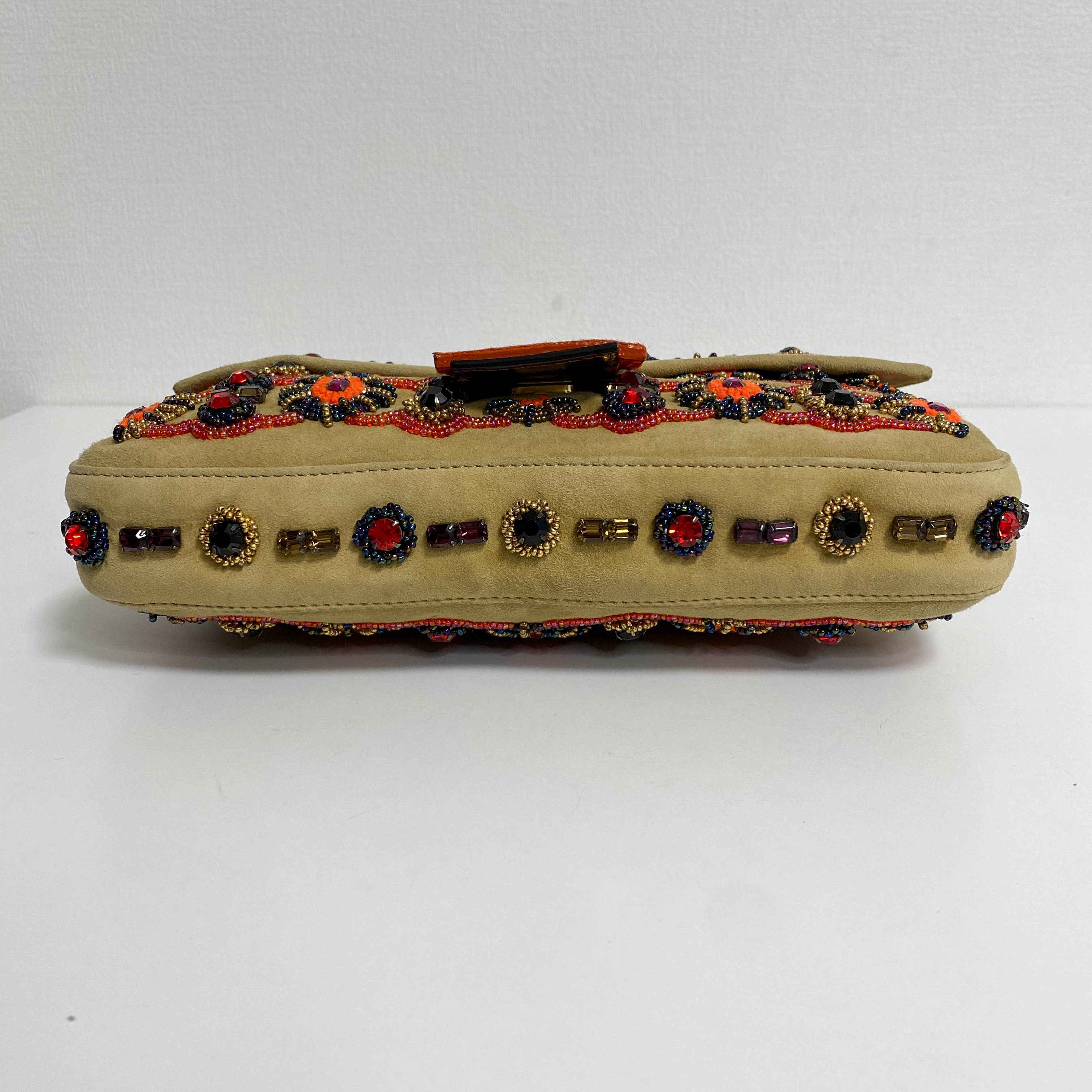 Baguette Brown Suede Beaded Shoulder Bag