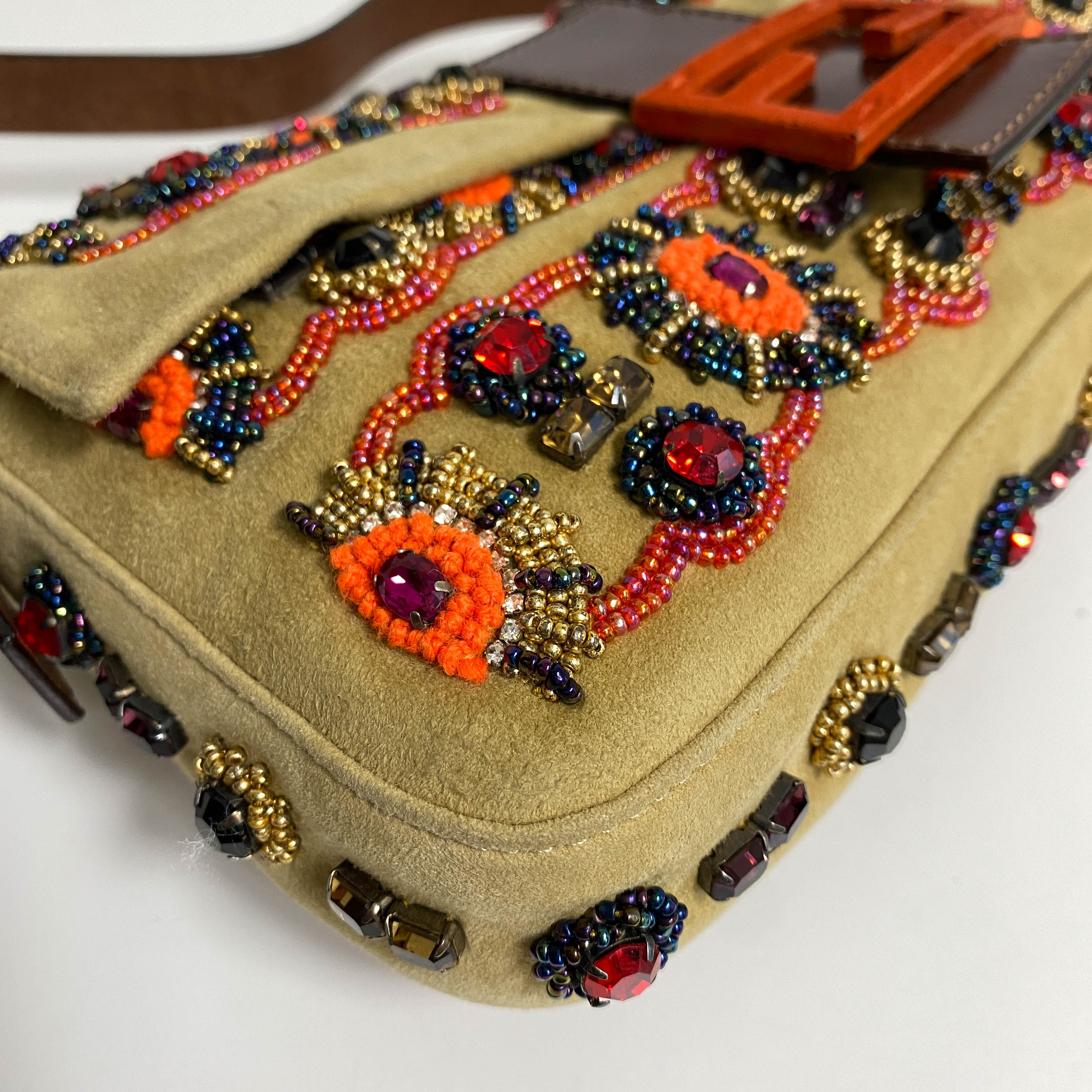 Baguette Brown Suede Beaded Shoulder Bag