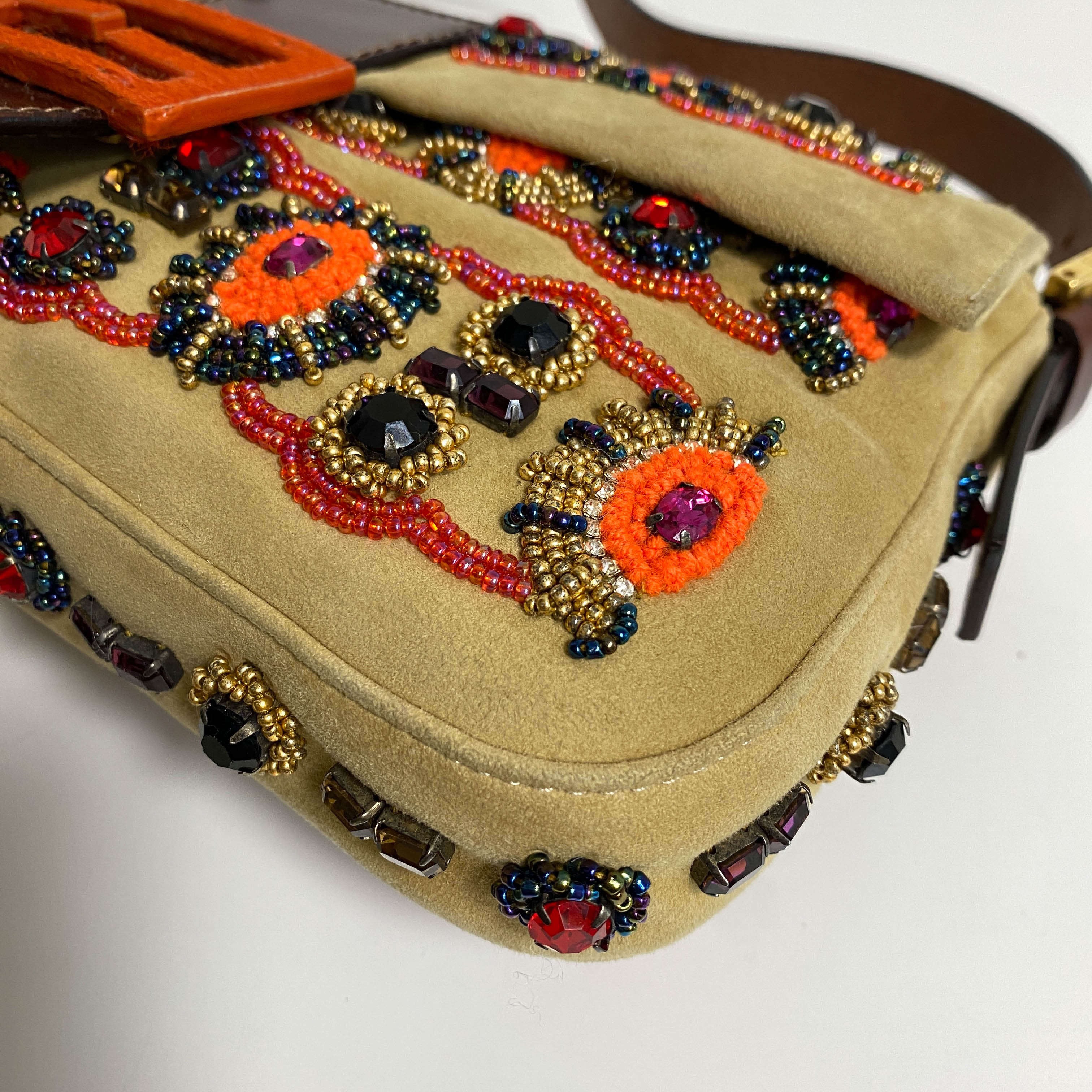 Baguette Brown Suede Beaded Shoulder Bag