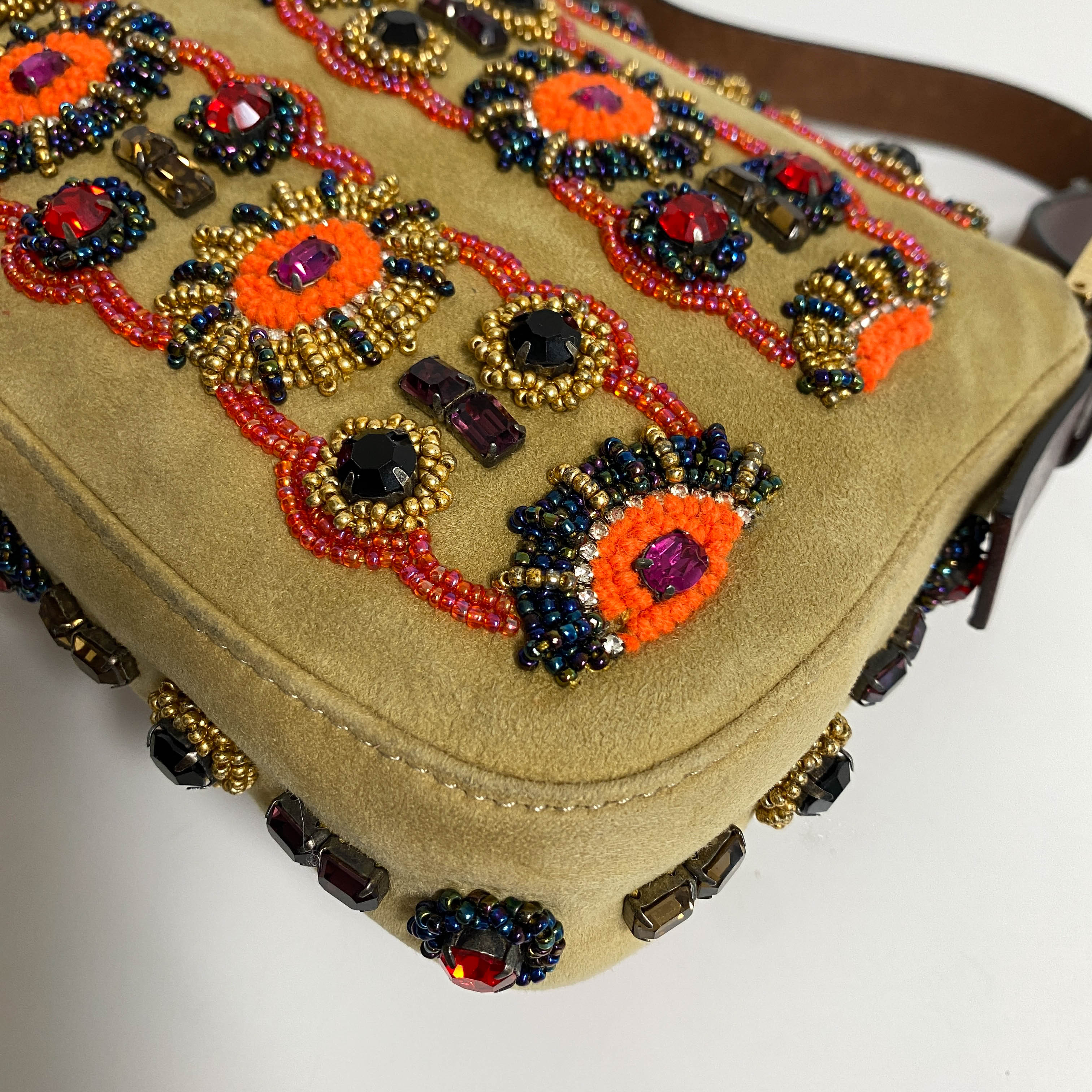 Baguette Brown Suede Beaded Shoulder Bag