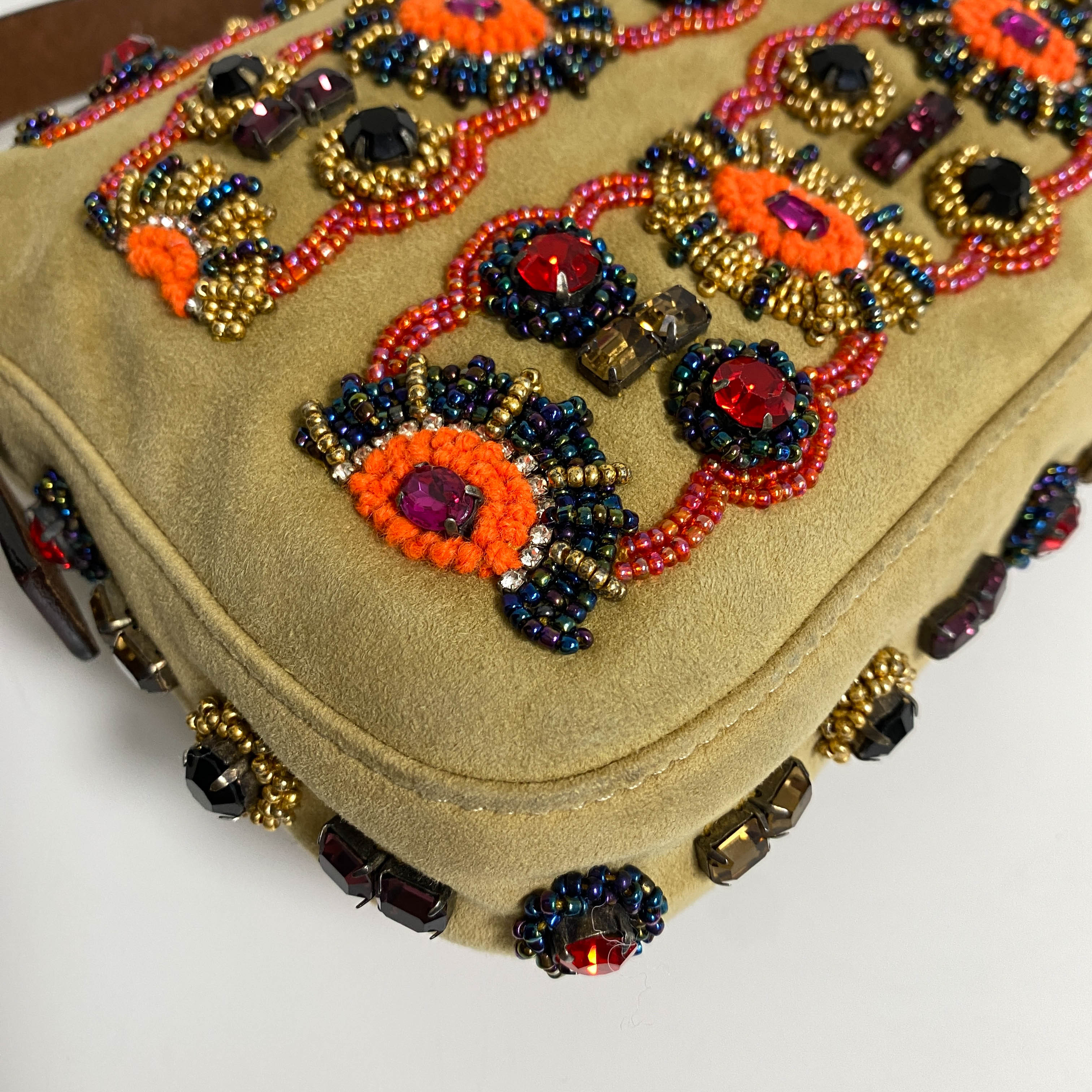 Baguette Brown Suede Beaded Shoulder Bag
