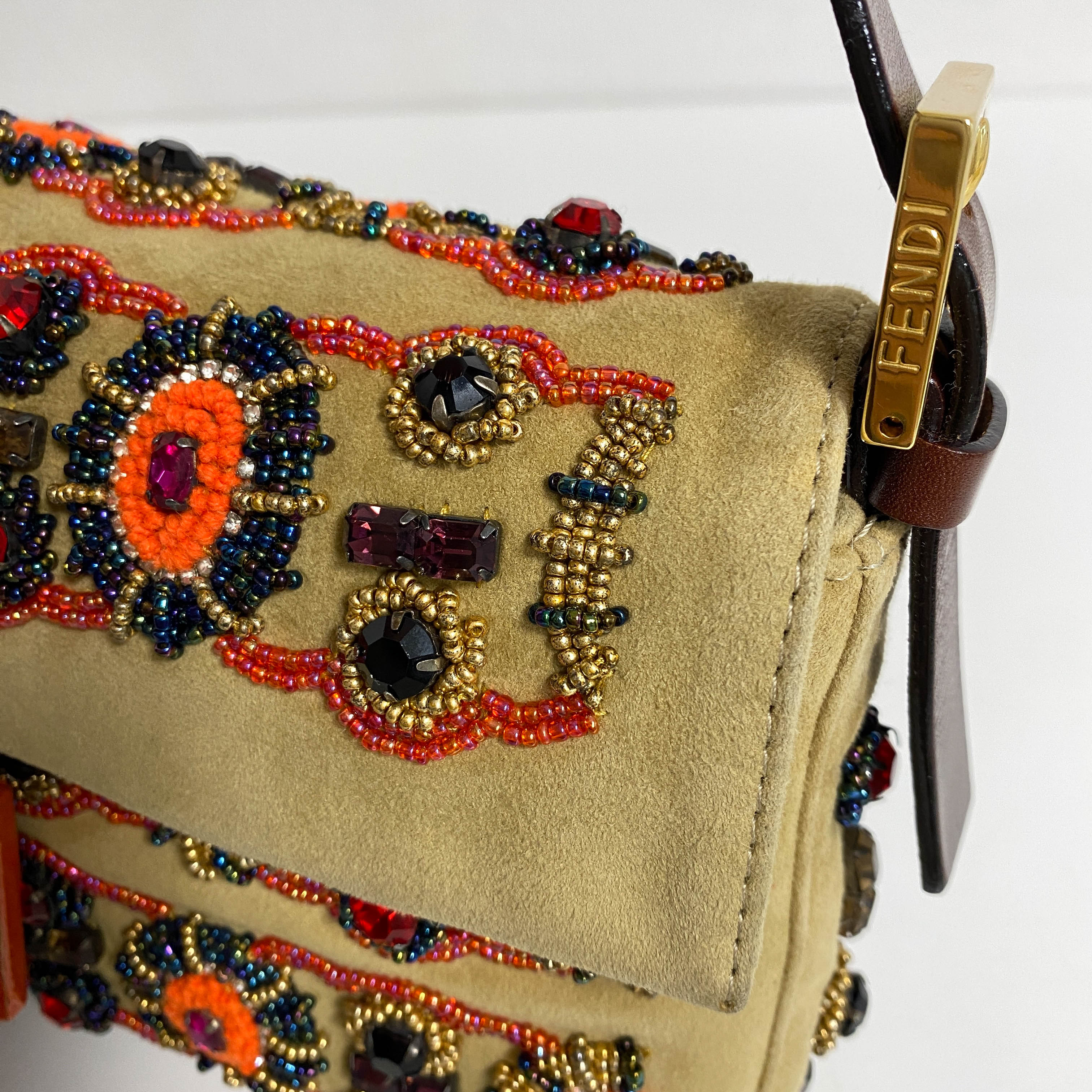 Baguette Brown Suede Beaded Shoulder Bag