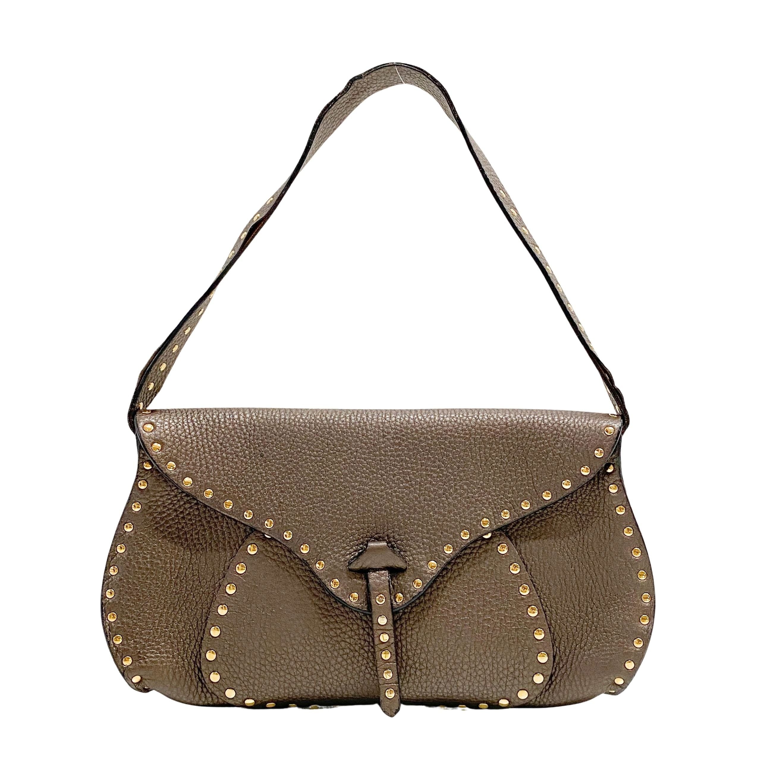 Brown Grained Calfskin Leather Shoulder Bag