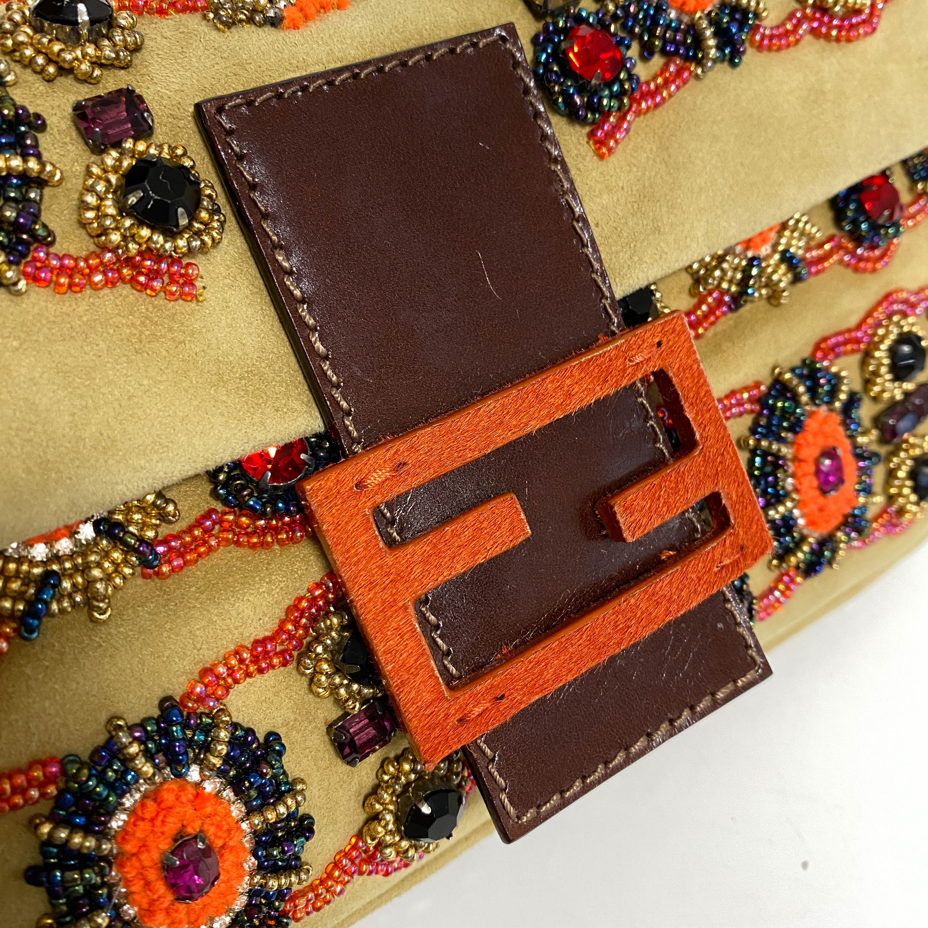 Baguette Brown Suede Beaded Shoulder Bag