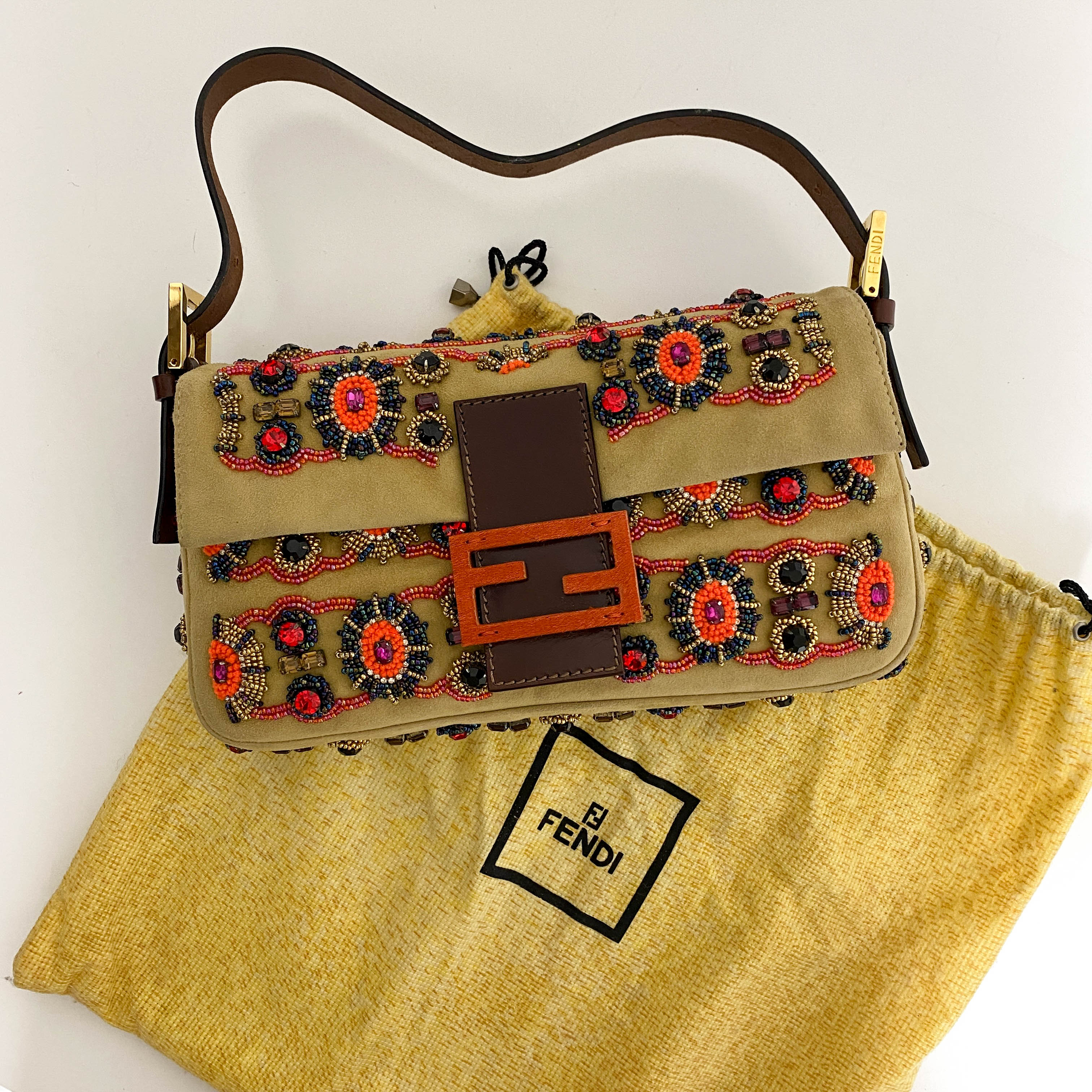 Baguette Brown Suede Beaded Shoulder Bag
