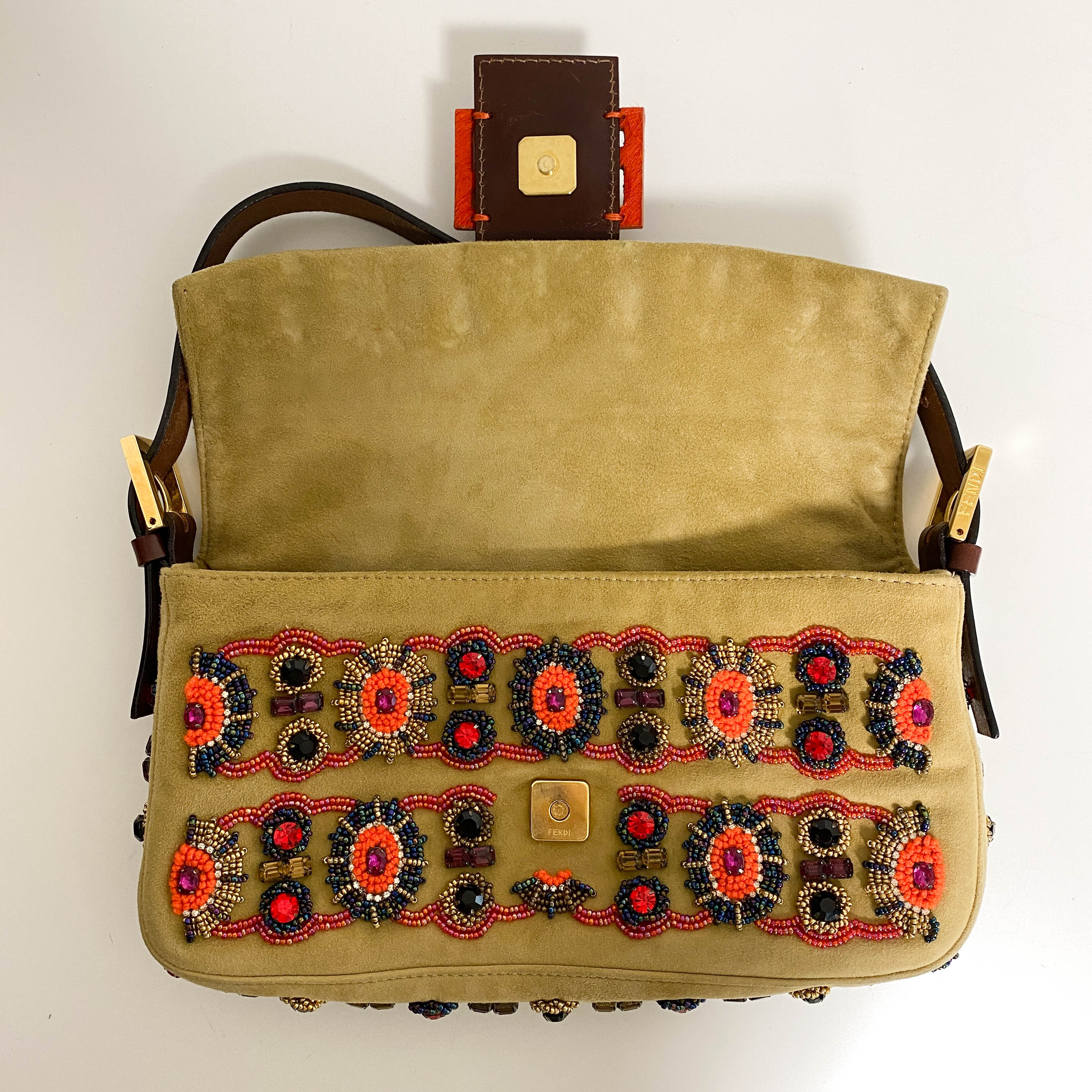 Baguette Brown Suede Beaded Shoulder Bag