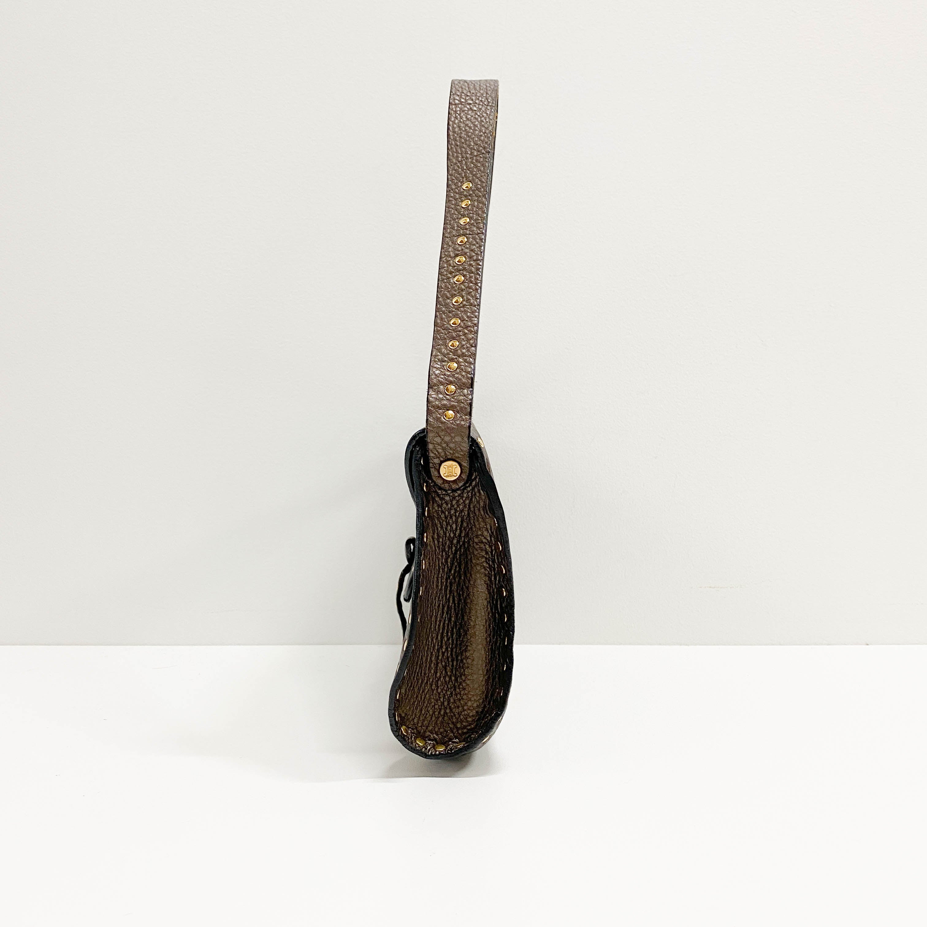 Brown Grained Calfskin Leather Shoulder Bag