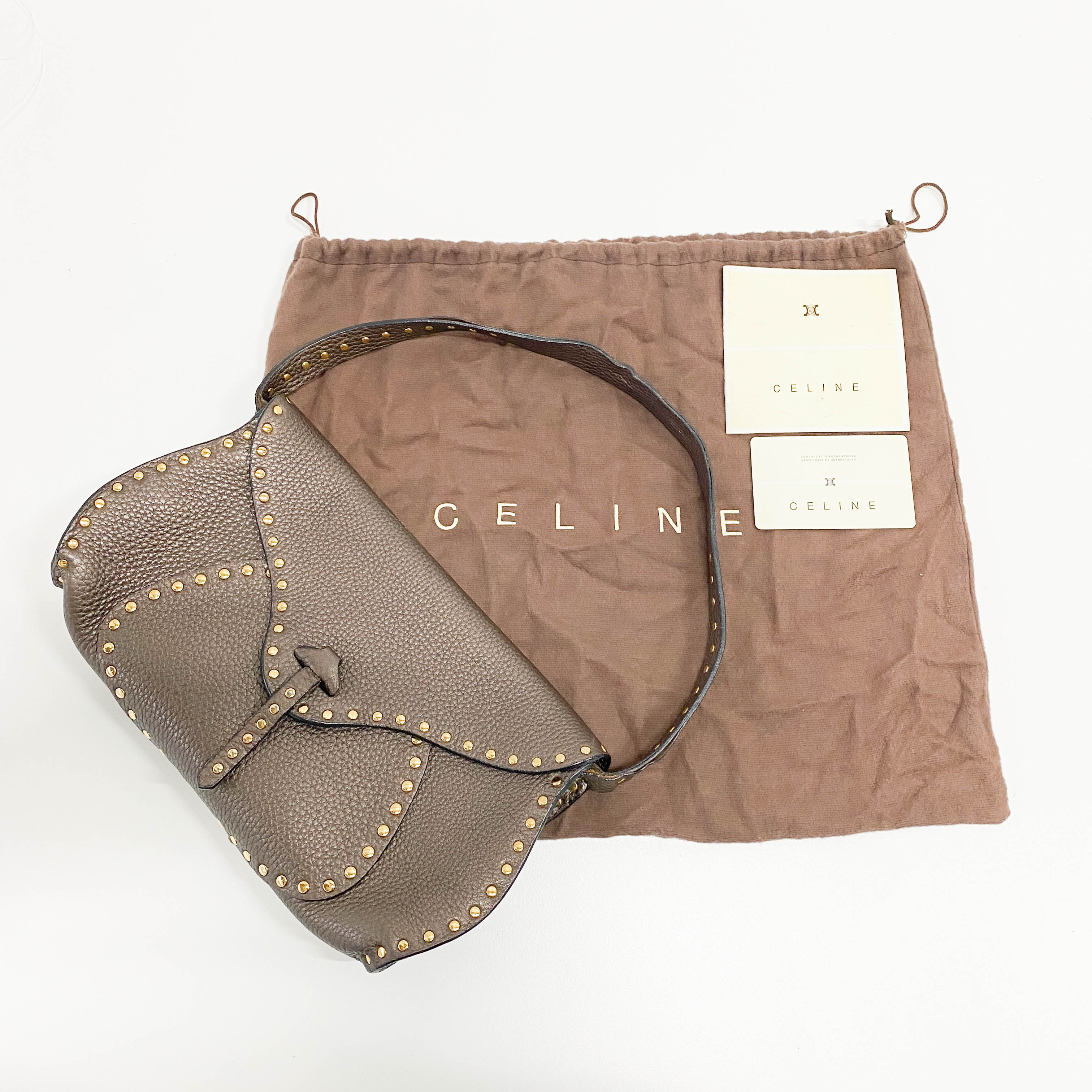 Brown Grained Calfskin Leather Shoulder Bag