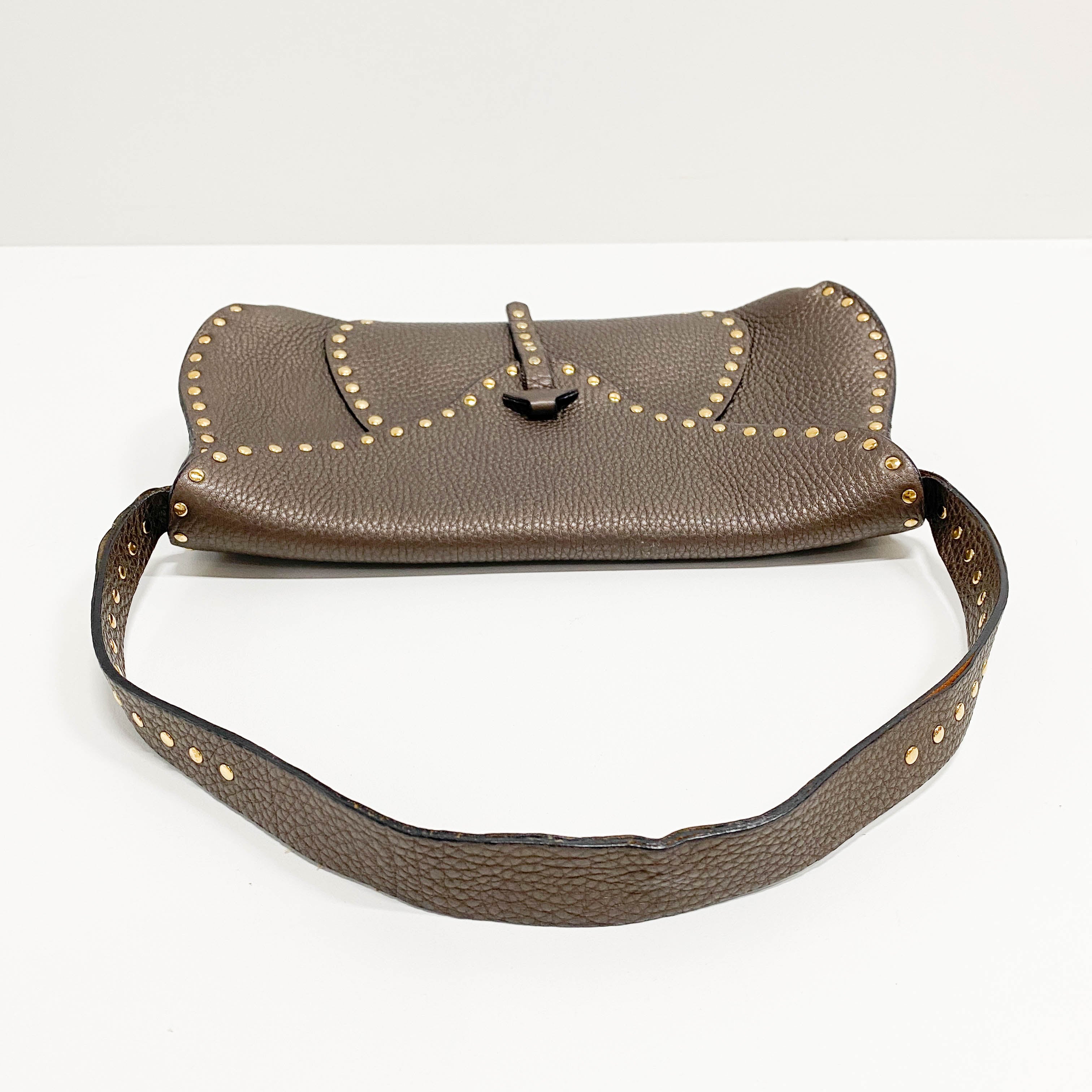 Brown Grained Calfskin Leather Shoulder Bag
