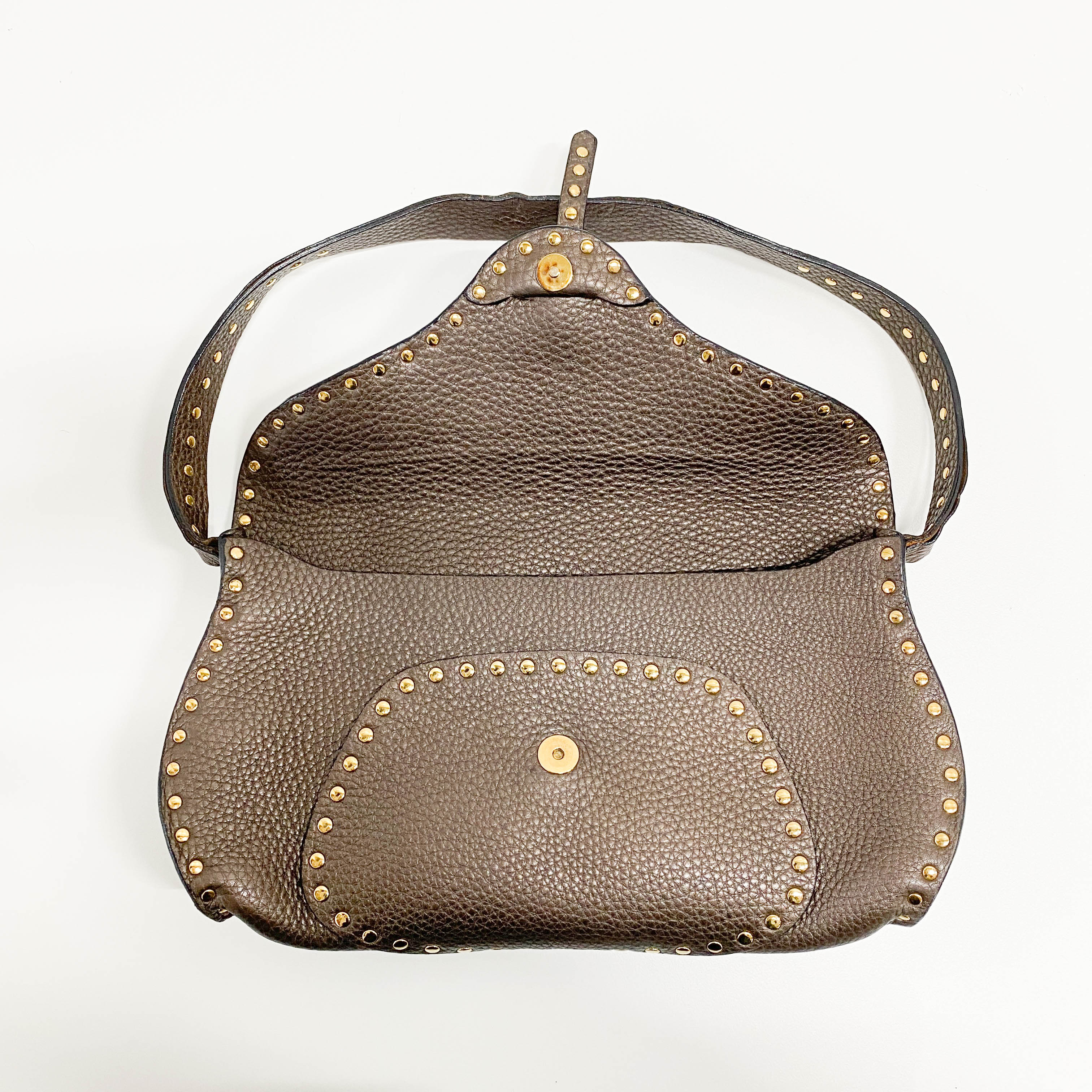 Brown Grained Calfskin Leather Shoulder Bag