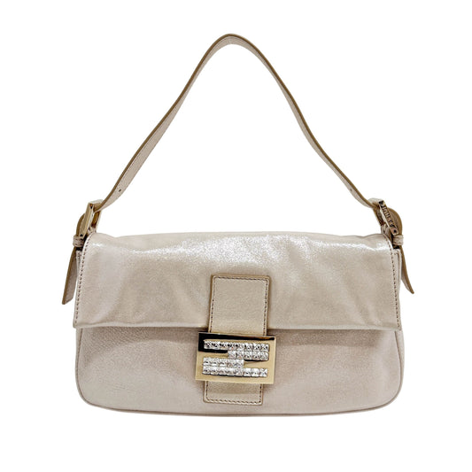 Baguette Rhinestone Buckle Cream Leather Shoulder Bag