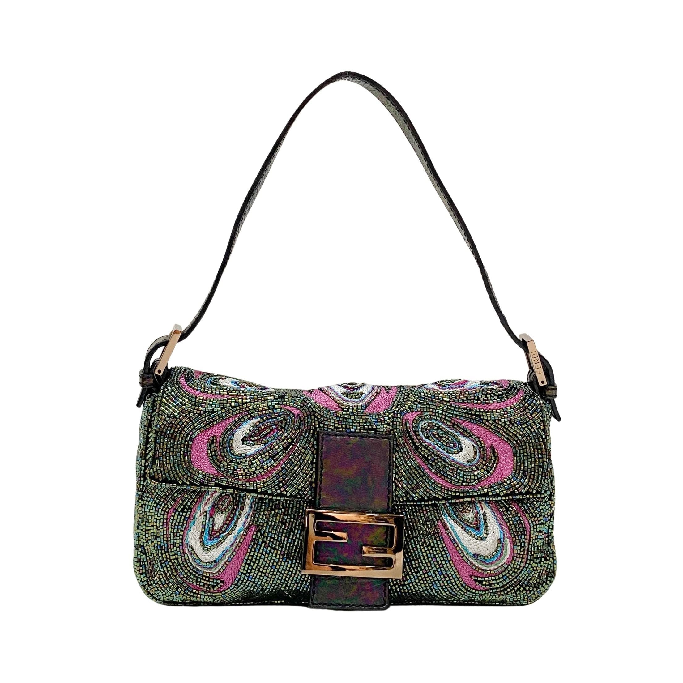 Baguette Multi-color Embroidered Beaded Shoulder Bag