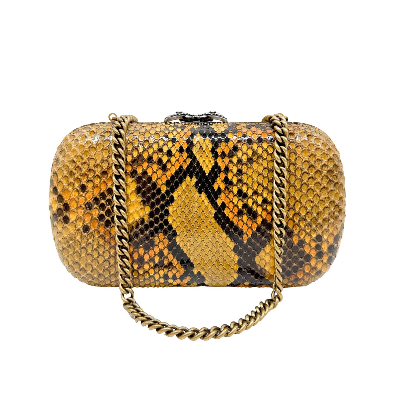 Rhinestone Butterfly Lock Black & Yellow Python Print Embossed Leather Crossbody Bag