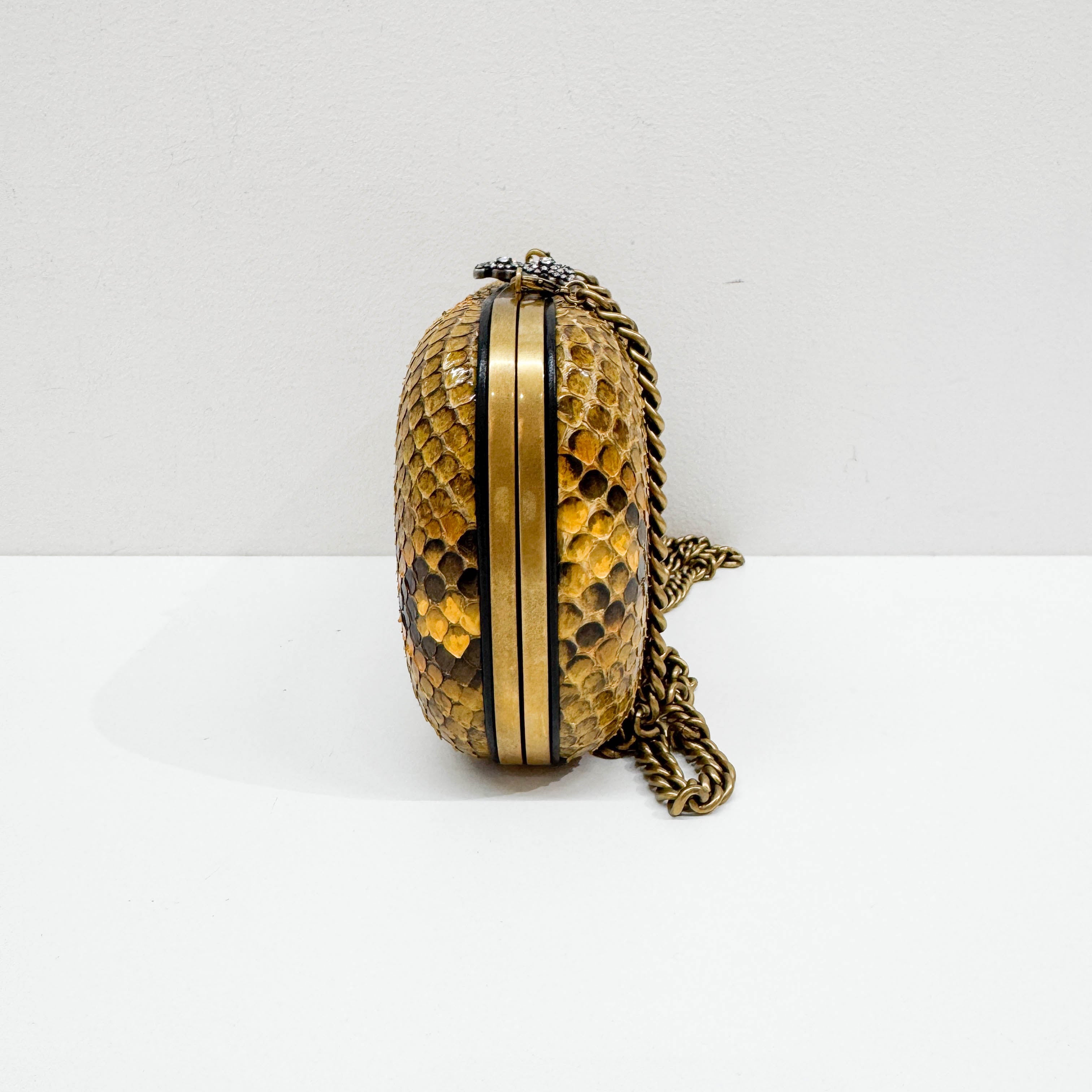 Rhinestone Butterfly Lock Black & Yellow Python Print Embossed Leather Crossbody Bag