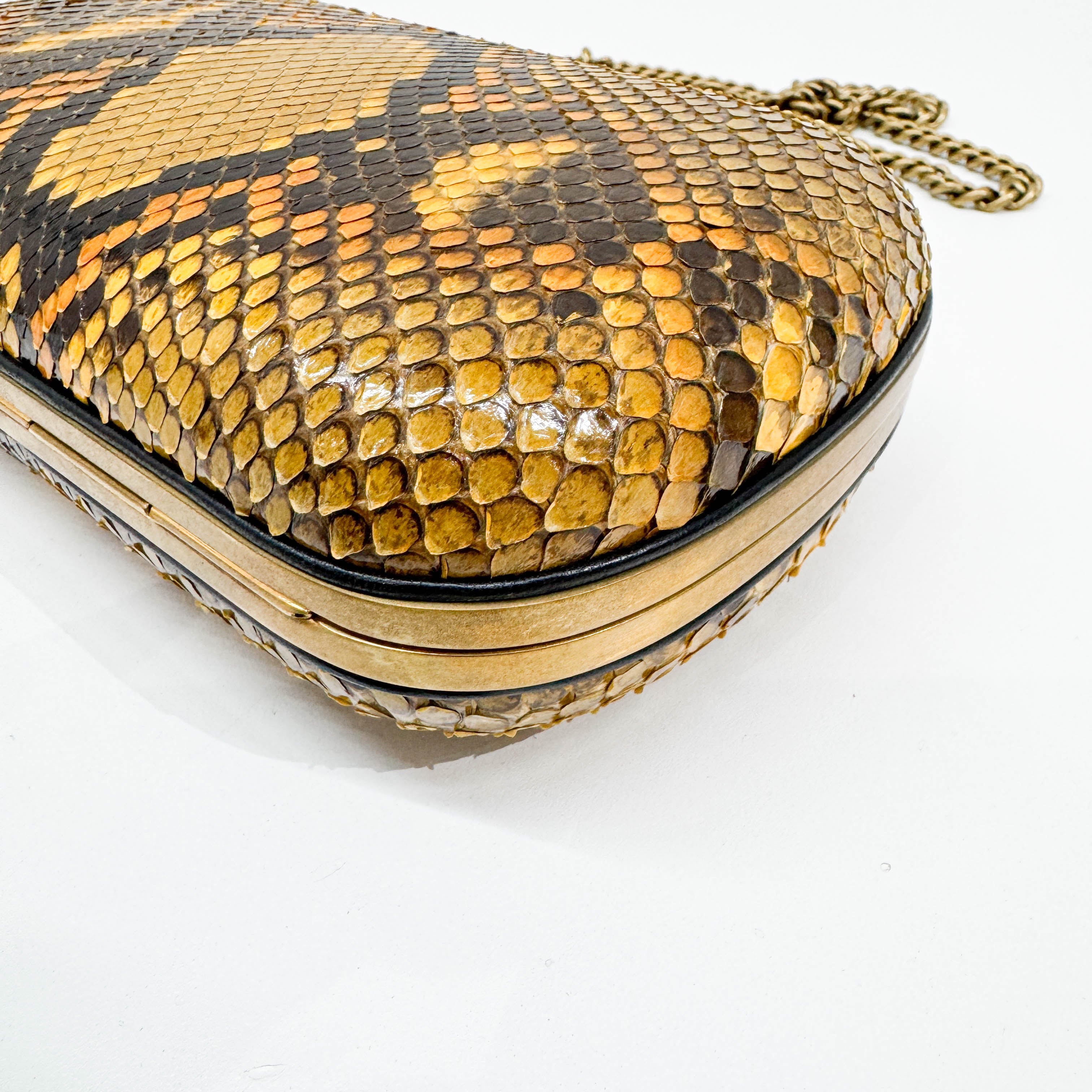 Rhinestone Butterfly Lock Black & Yellow Python Print Embossed Leather Crossbody Bag