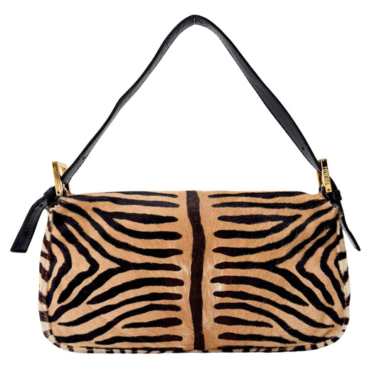 Baguette Zebra Print Brown Pony Hair Shoulder Bag