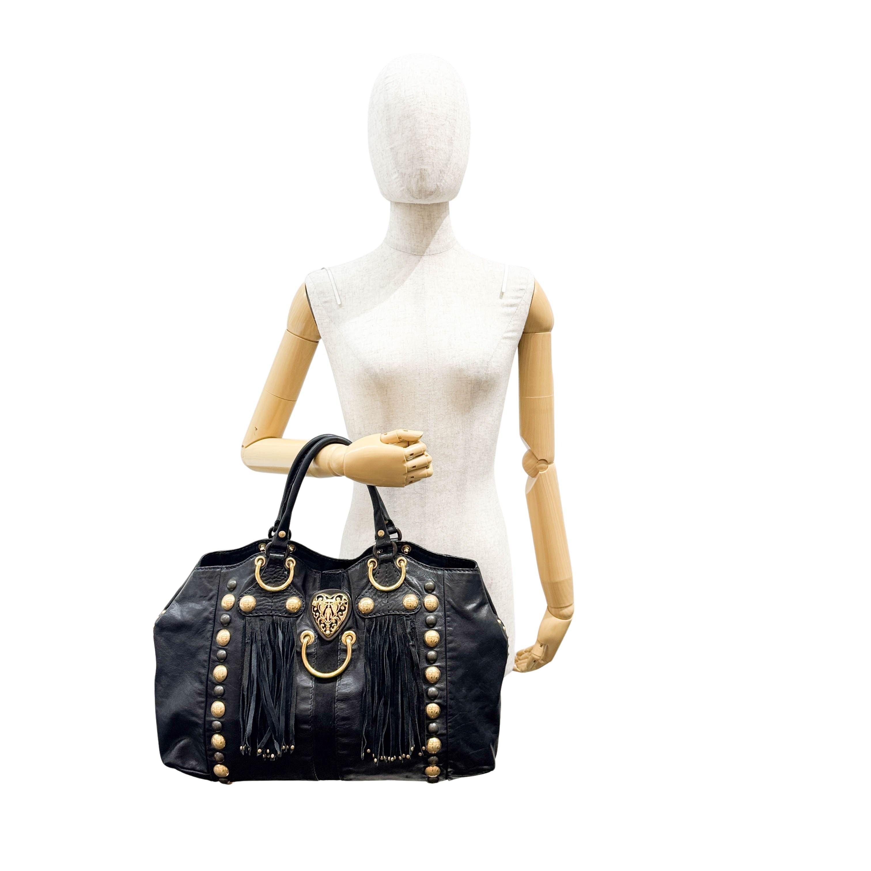 Babouska Studded Fringe Black Leather Shoulder Bag