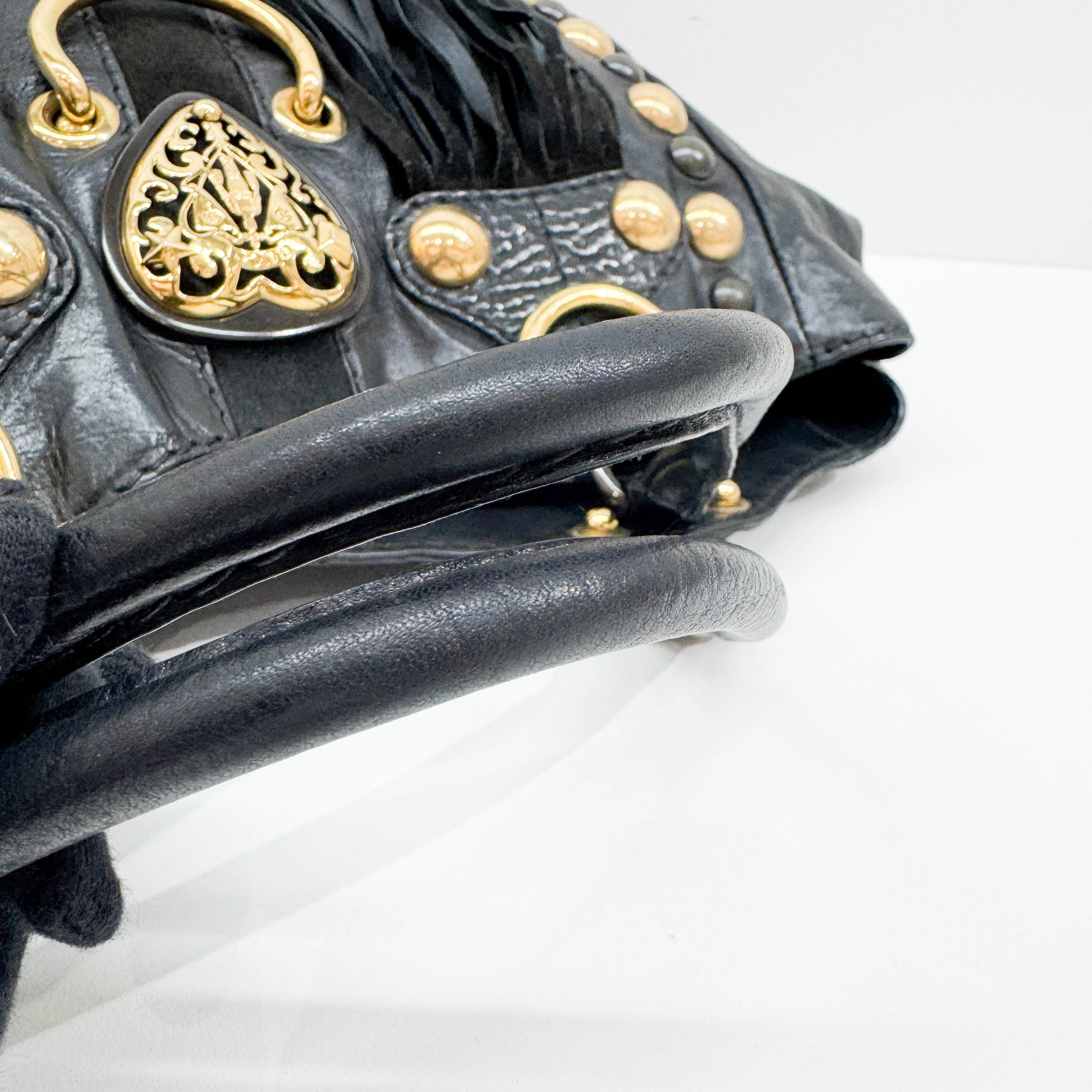 Babouska Studded Fringe Black Leather Shoulder Bag