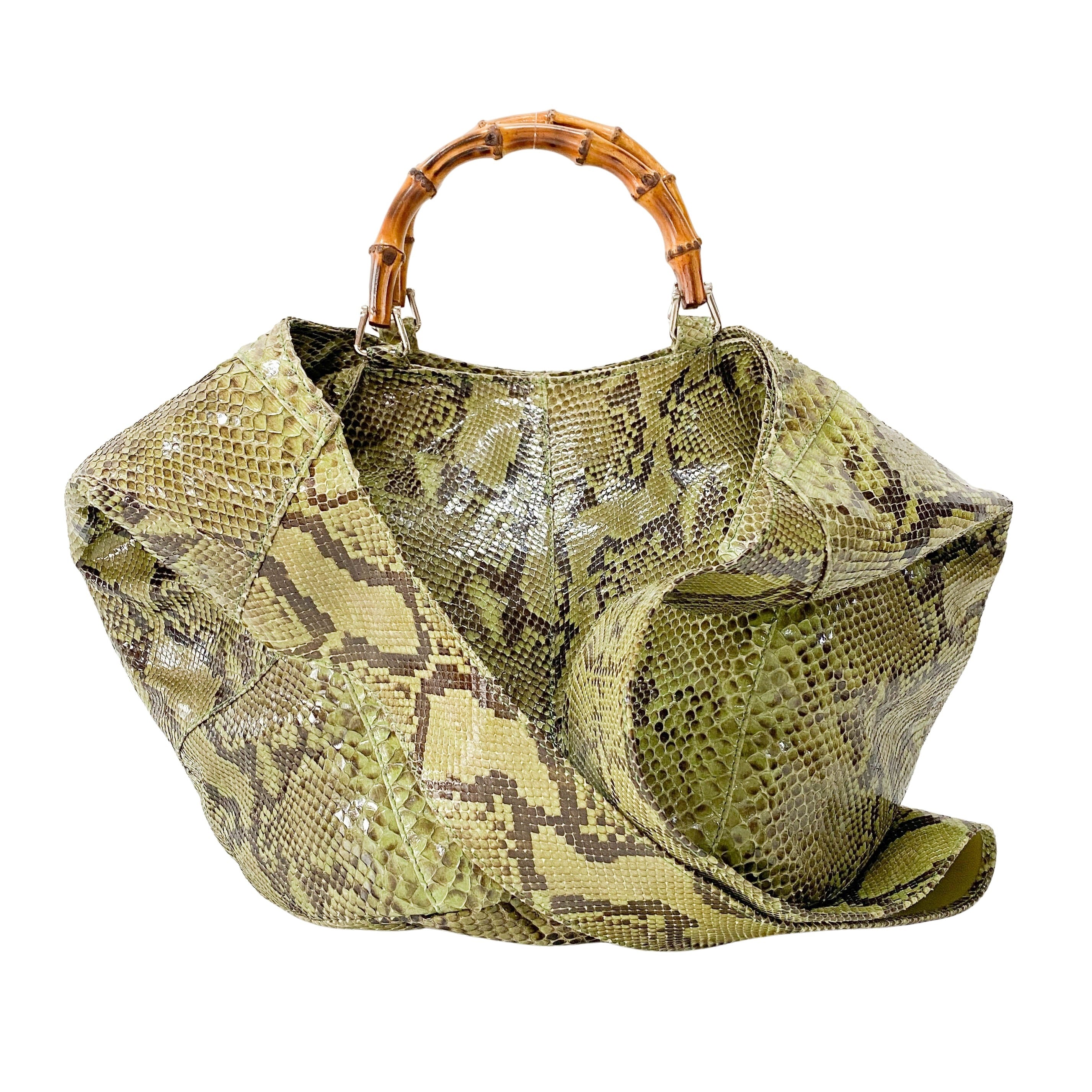 Bamboo Green Python Embossed Leather Two Way Bag