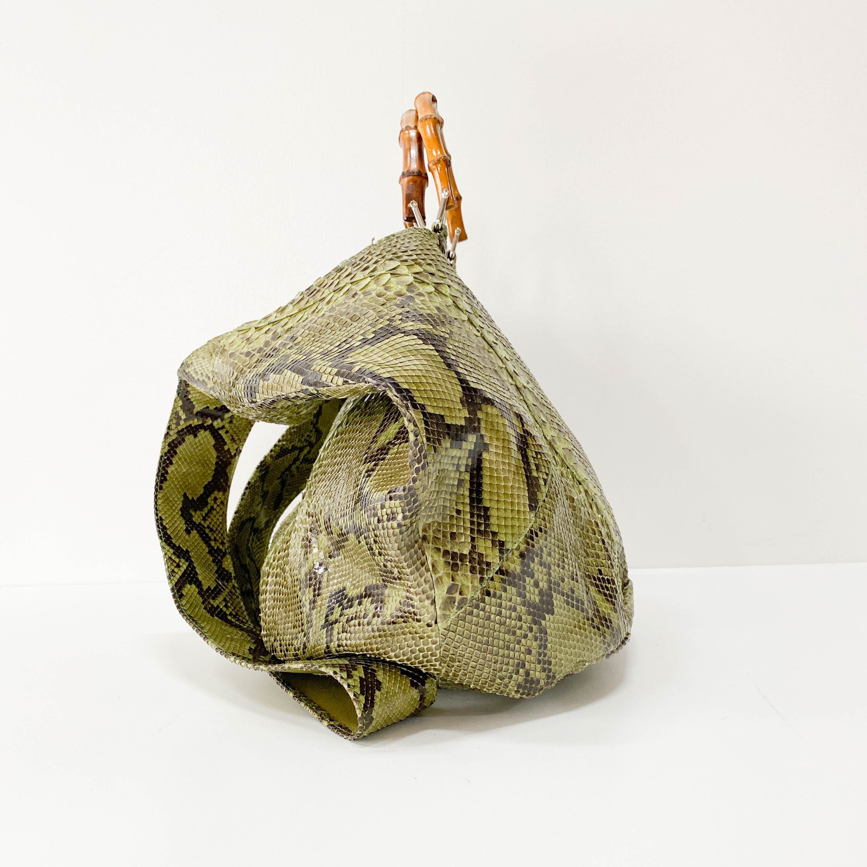 Bamboo Green Python Embossed Leather Two Way Bag