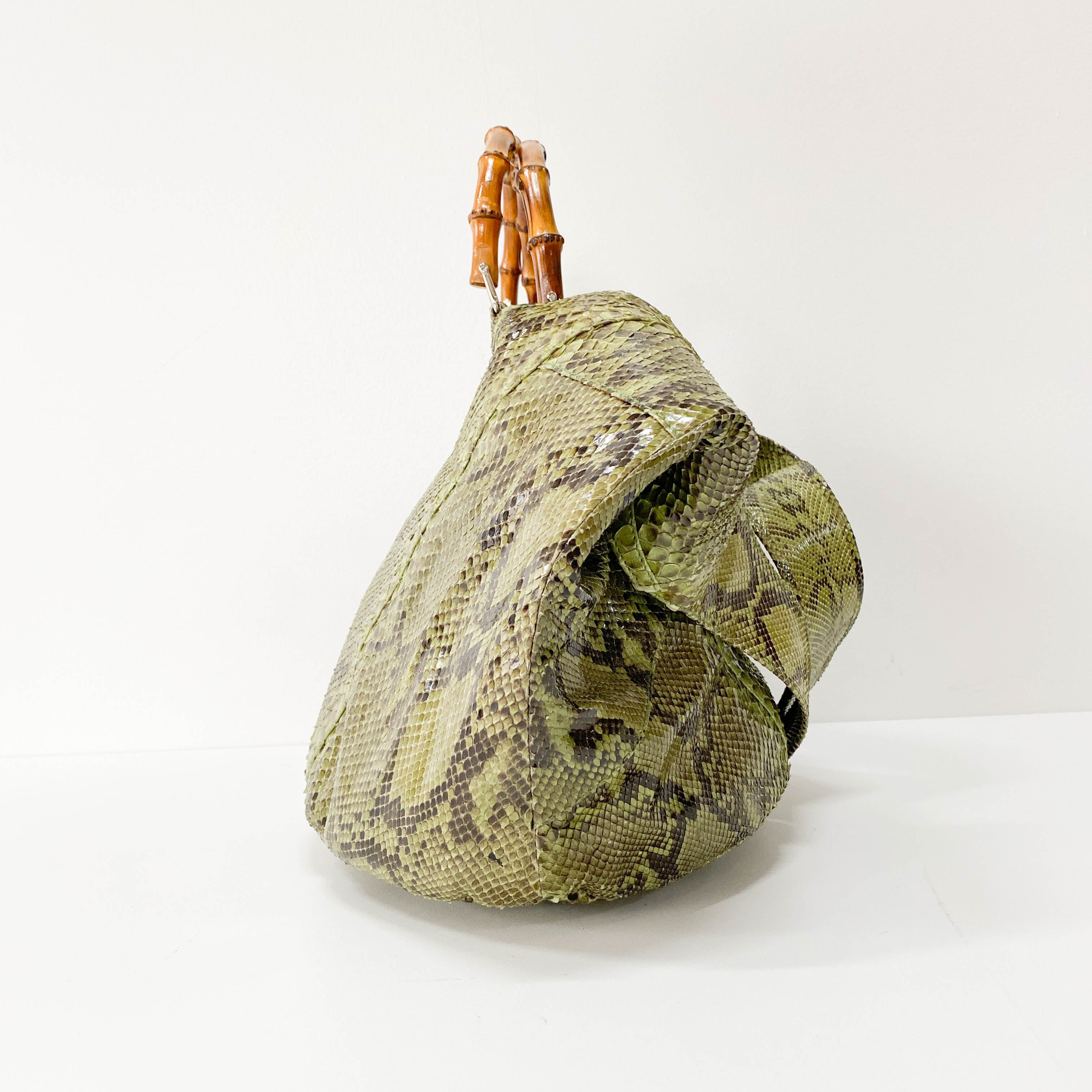 Bamboo Green Python Embossed Leather Two Way Bag