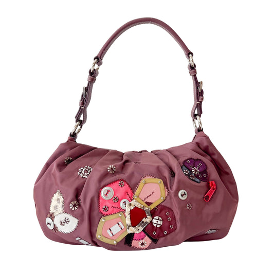 Burgundy Embroidered Nylon Shoulder Bag