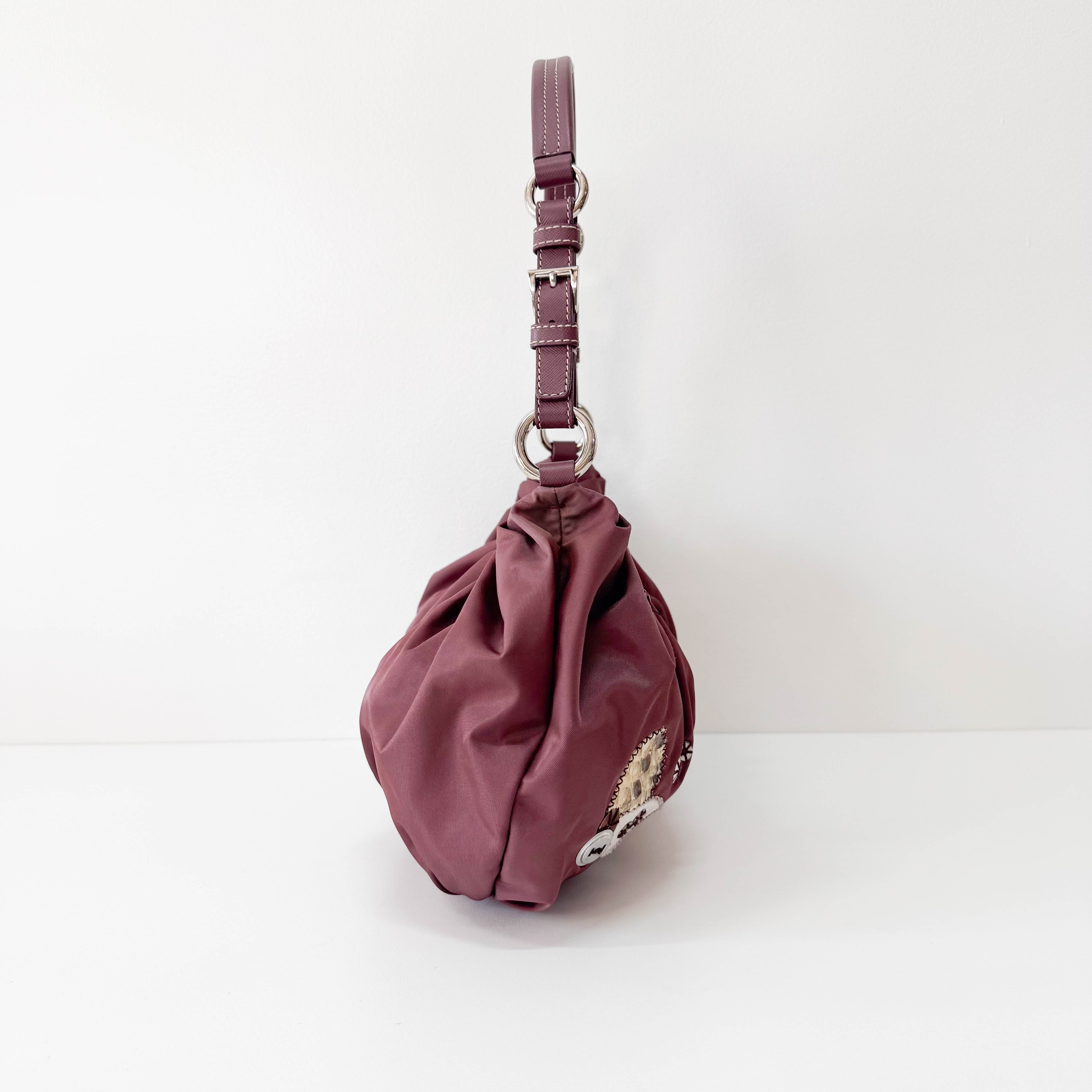 Burgundy Embroidered Nylon Shoulder Bag
