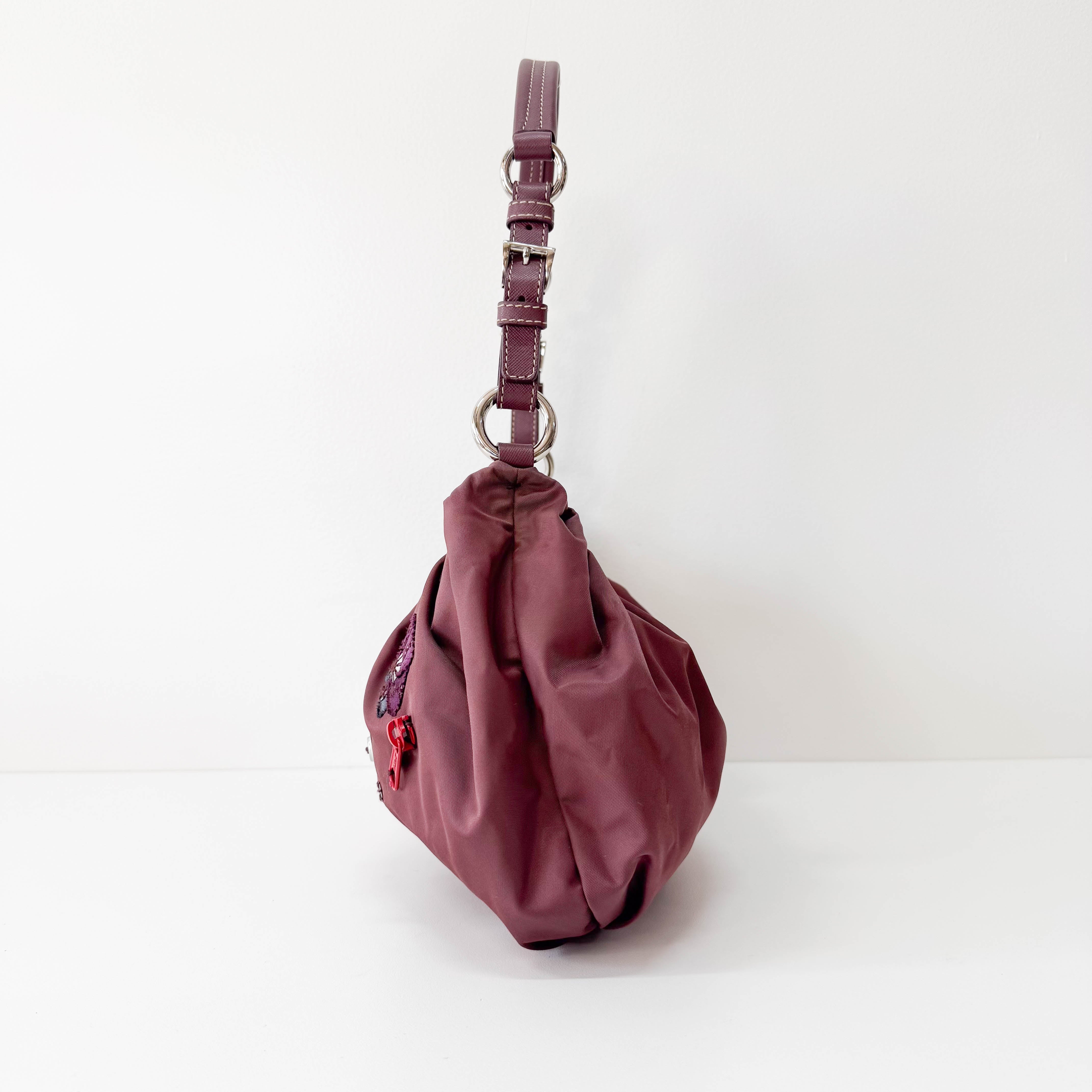 Burgundy Embroidered Nylon Shoulder Bag