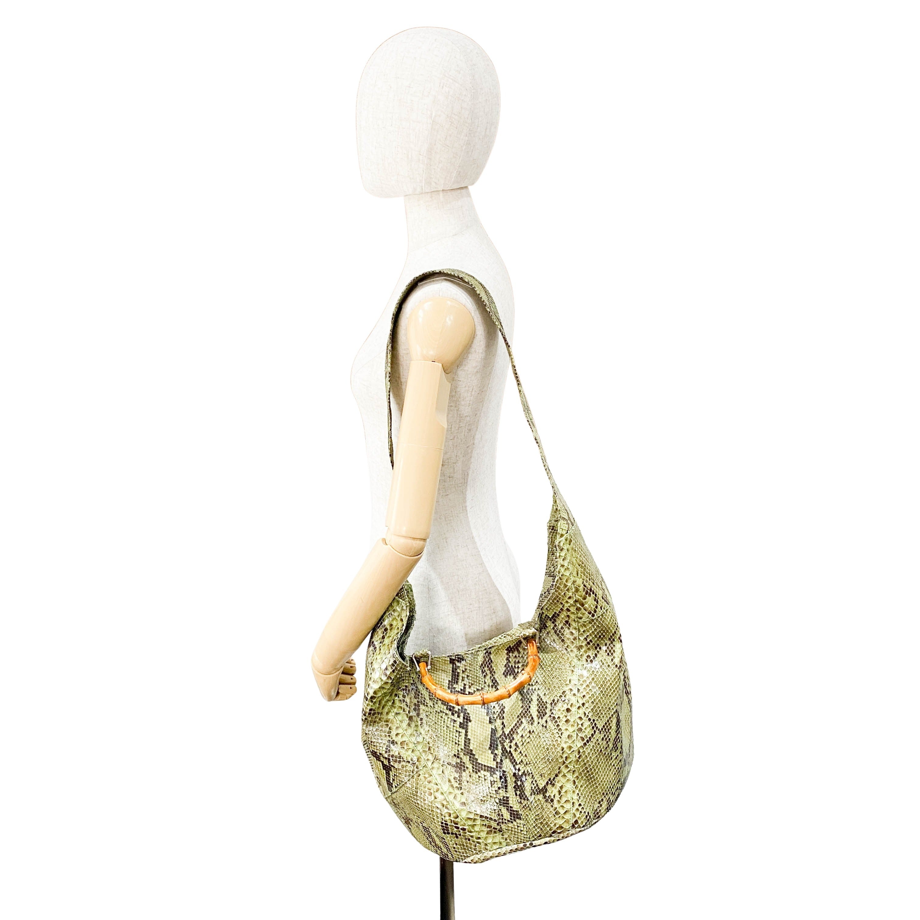 Bamboo Green Python Embossed Leather Two Way Bag