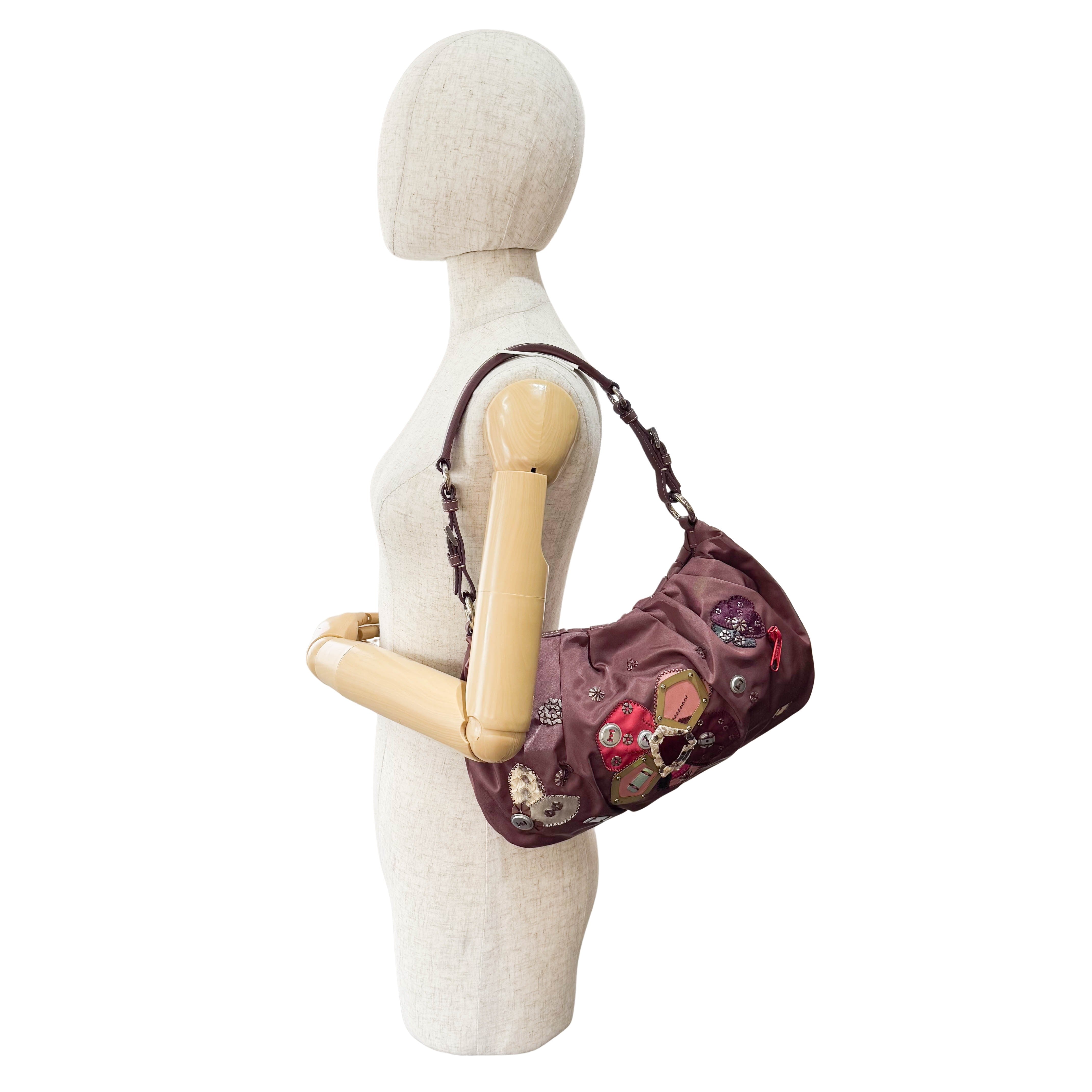 Burgundy Embroidered Nylon Shoulder Bag