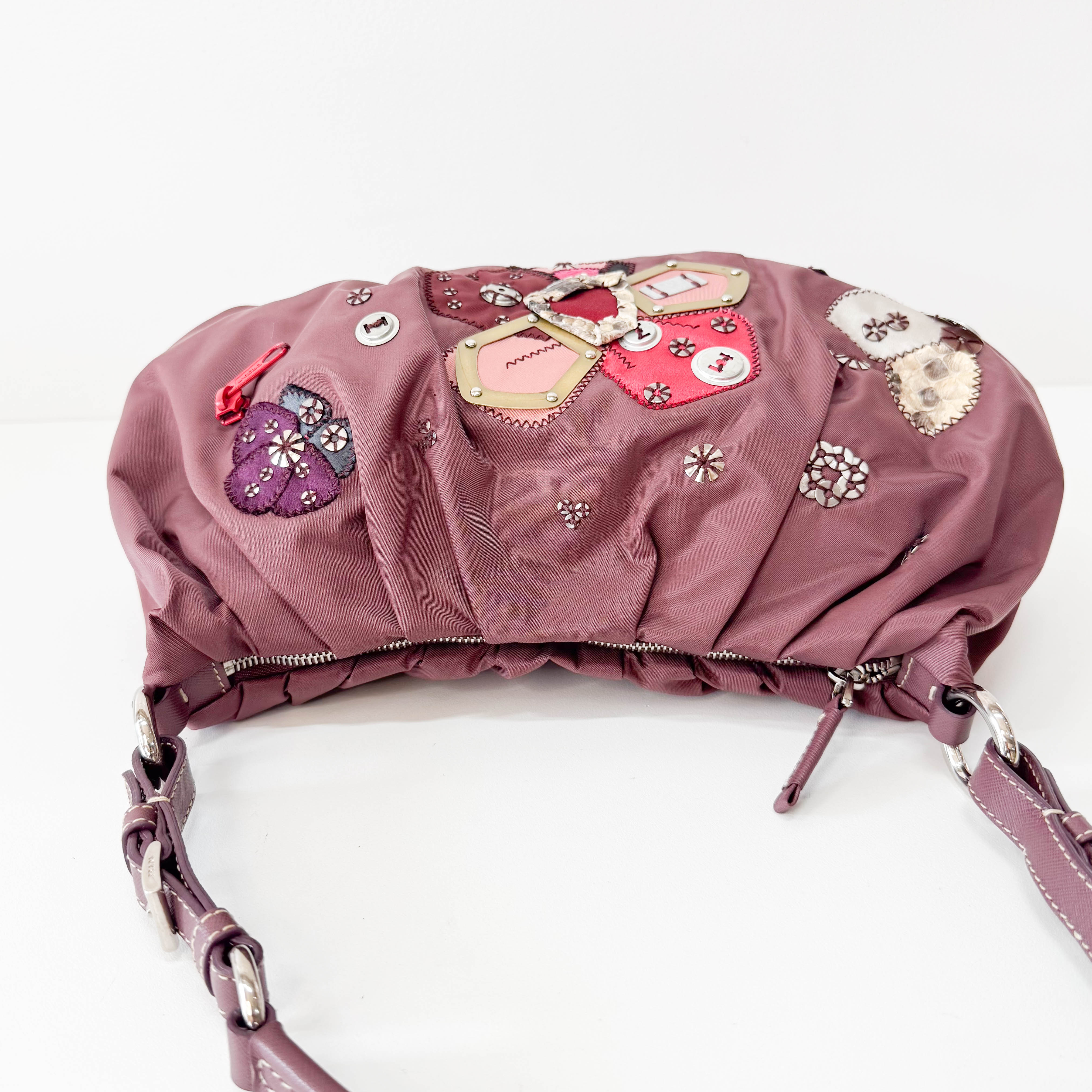 Burgundy Embroidered Nylon Shoulder Bag