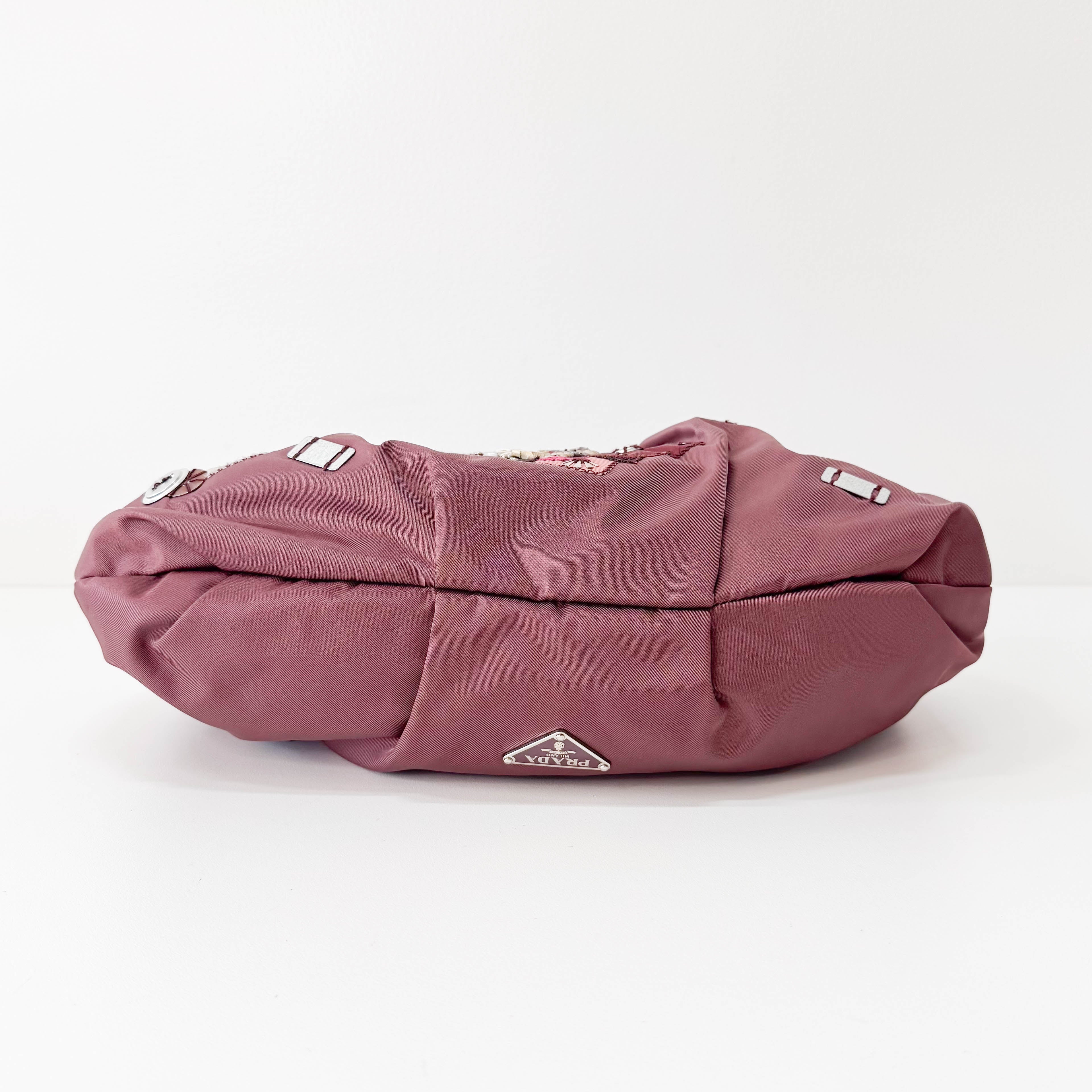 Burgundy Embroidered Nylon Shoulder Bag