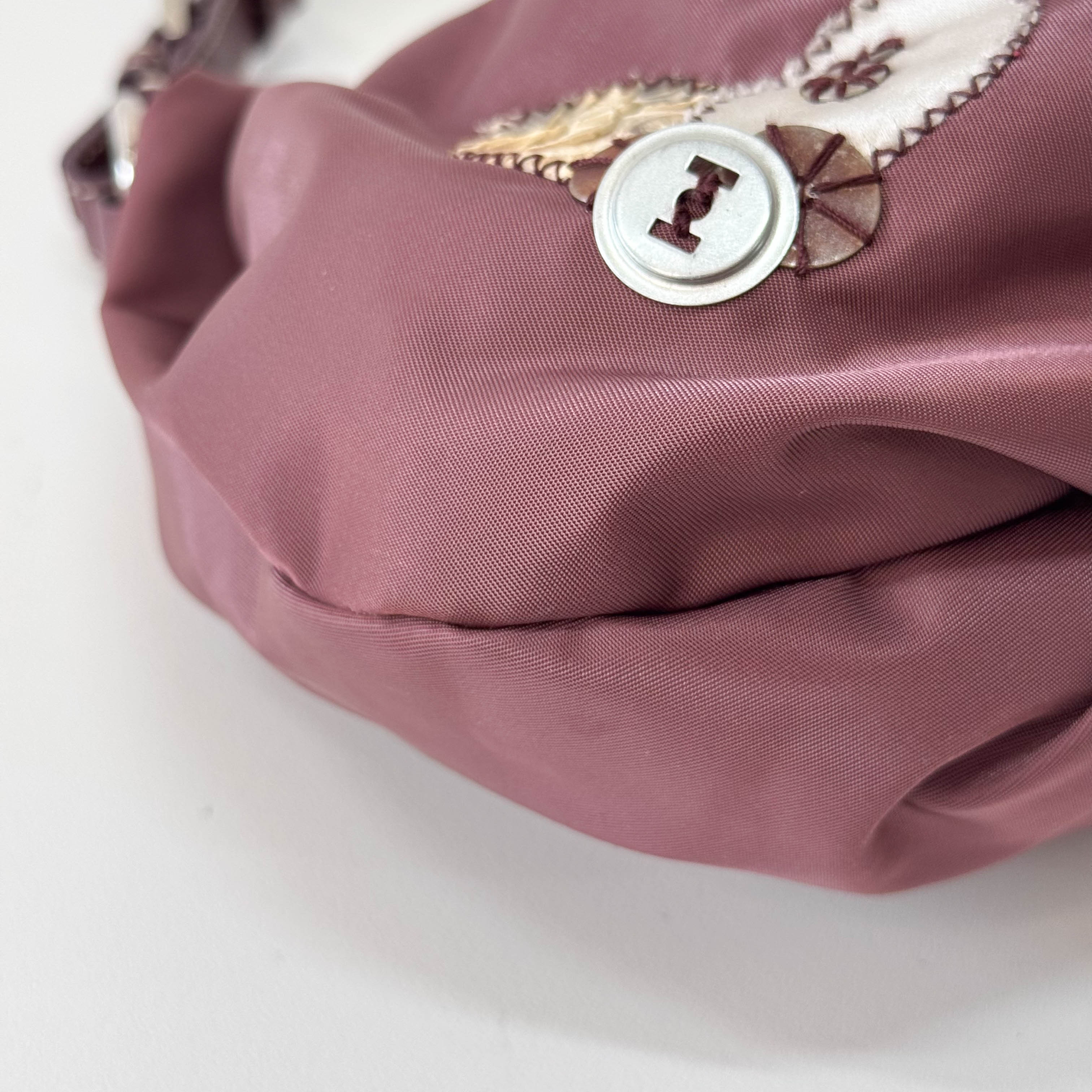 Burgundy Embroidered Nylon Shoulder Bag