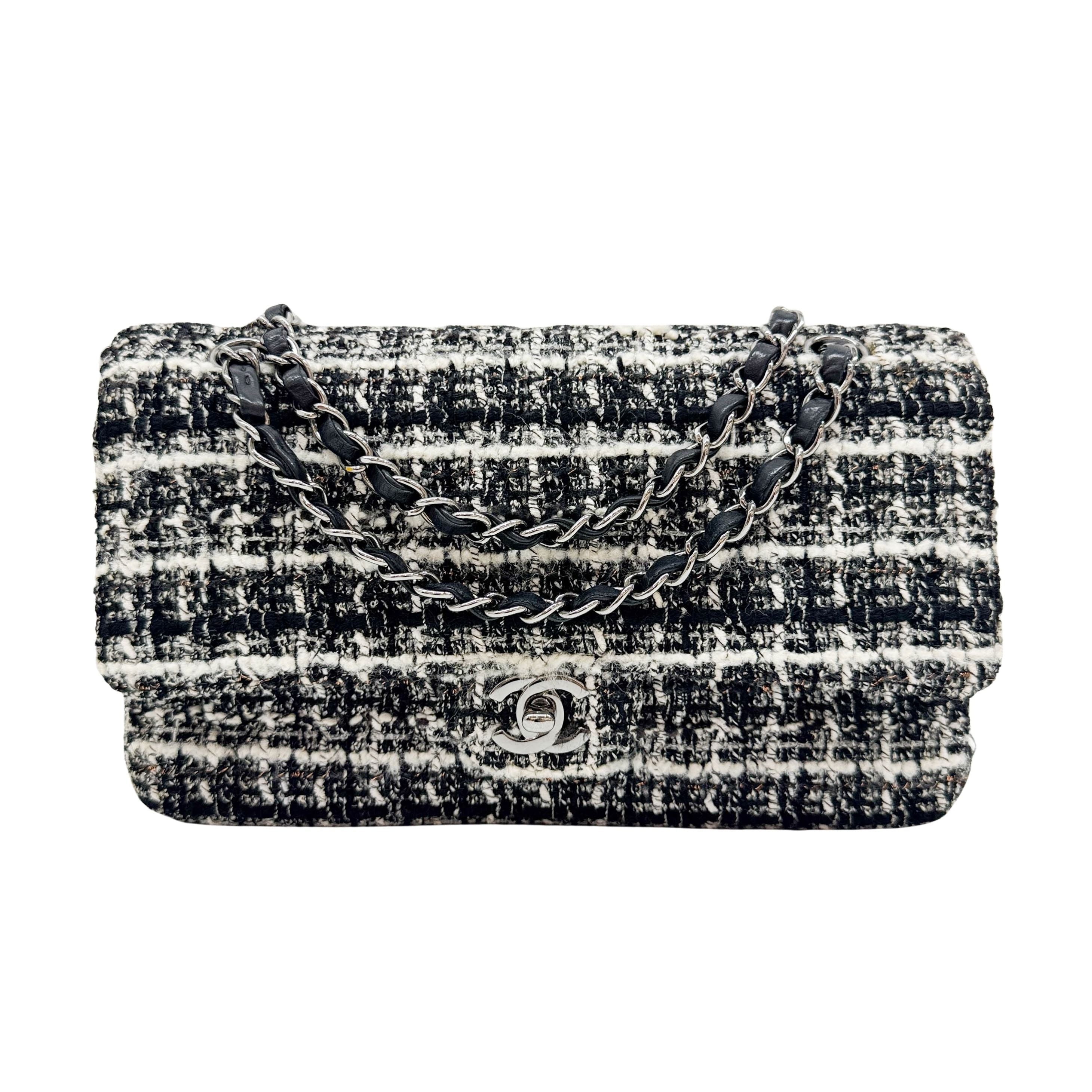 Classic Double Flap Knit Black & White Wool Shoulder Bag